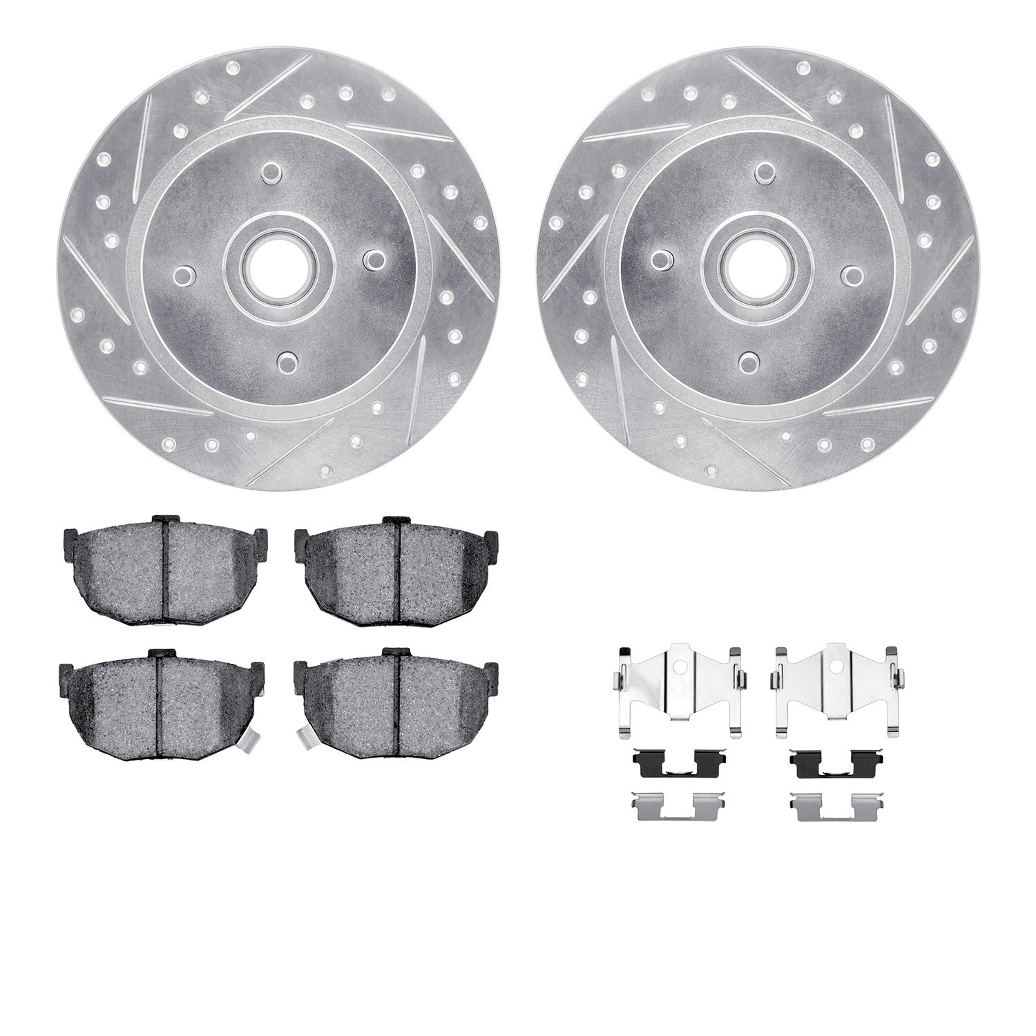 DFC Rotors-Drilled & Slotted-Silver w/ 5000 Advanced Brake Pads Incl Hdw