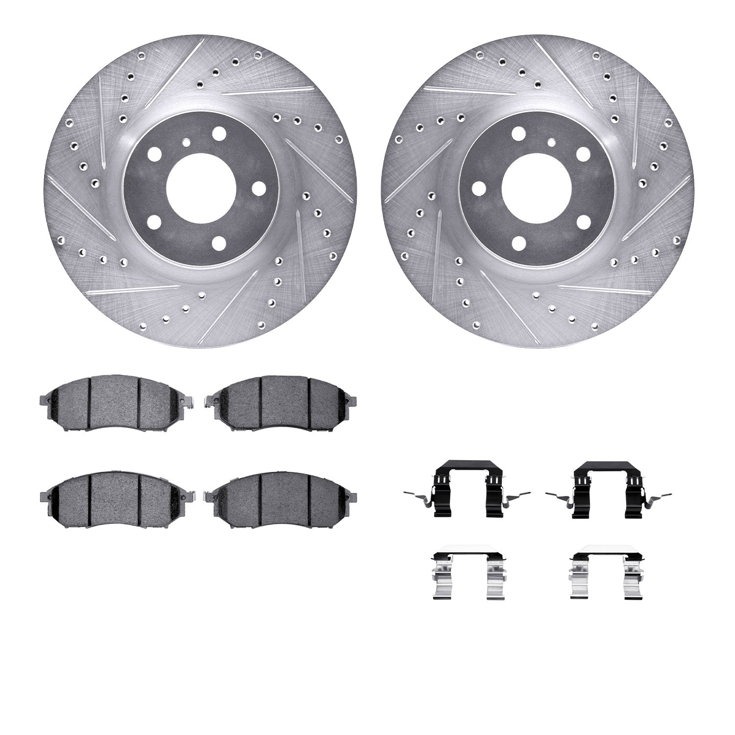 DFC Rotors-Drilled & Slotted-Silver w/ 5000 Advanced Brake Pads Incl Hdw