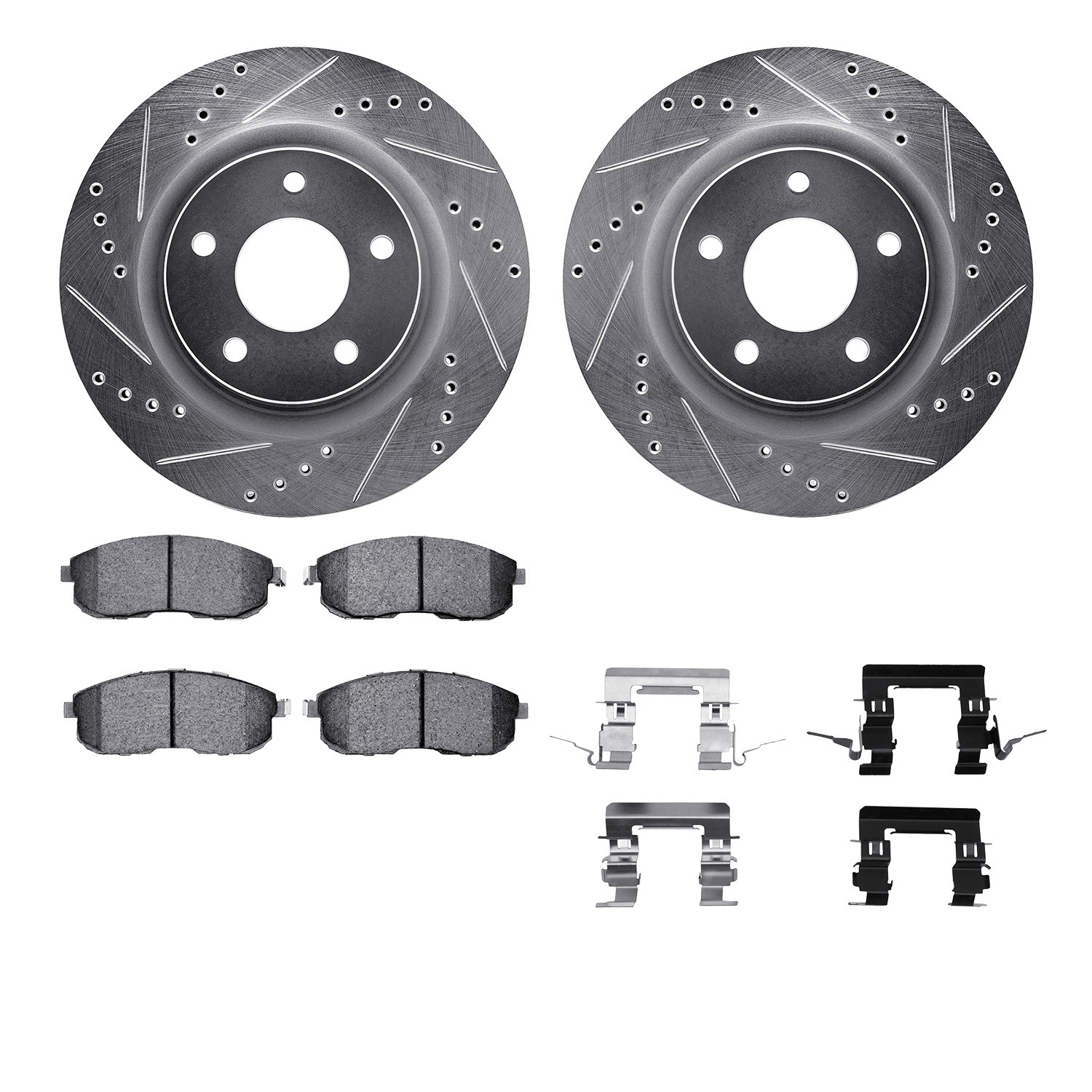 DFC Rotors-Drilled & Slotted-Silver w/ 5000 Advanced Brake Pads Incl Hdw
