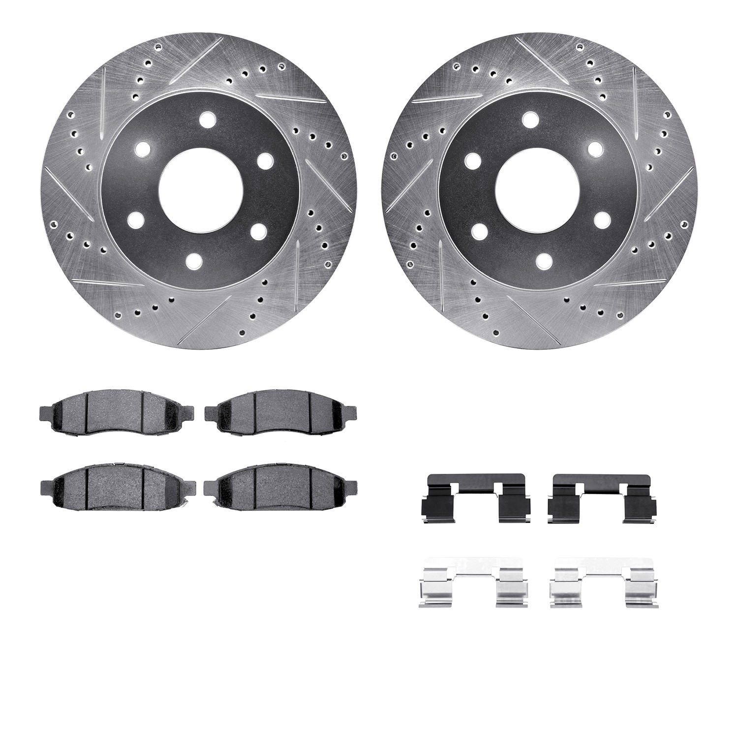 DFC Brake Rotor - Dimpled & Slotted - Silver w/5000 Brake Pads & HW Kit