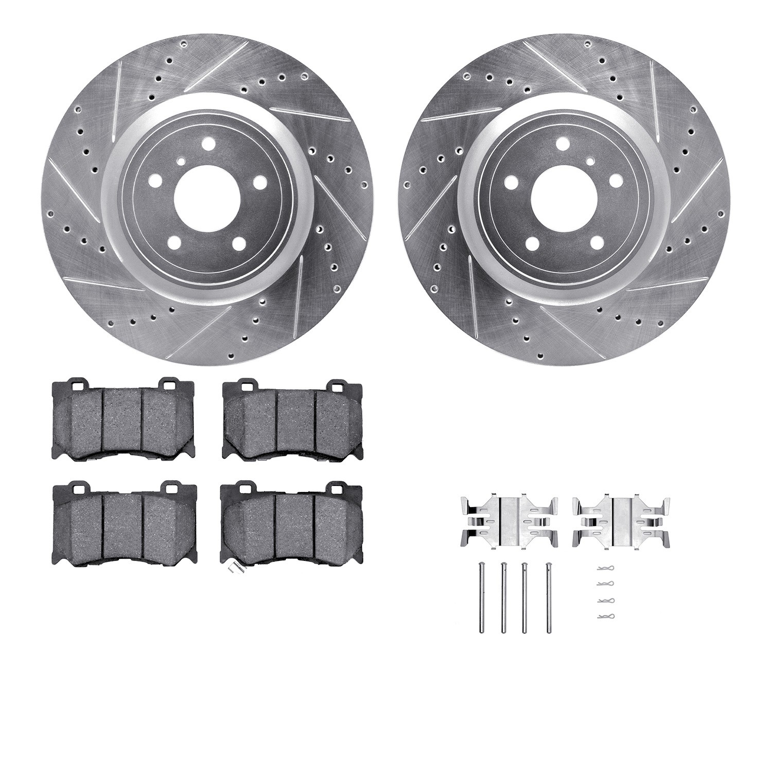 DFC Brake Rotor - Dimpled & Slotted - Silver w/5000 Brake Pads & HW Kit