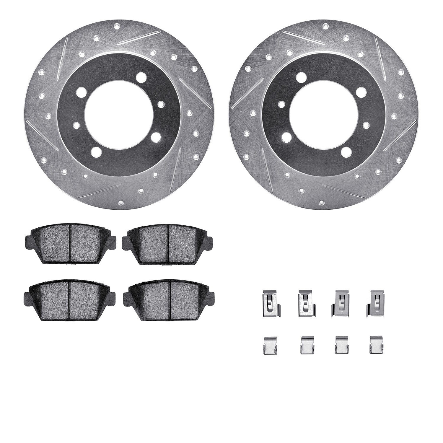 DFC Rotors-Drilled & Slotted-Silver w/ 5000 Advanced Brake Pads Incl Hdw