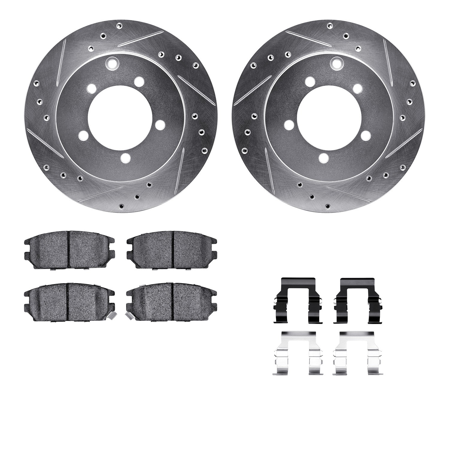 DFC Rotors-Drilled & Slotted-Silver w/ 5000 Advanced Brake Pads Incl Hdw