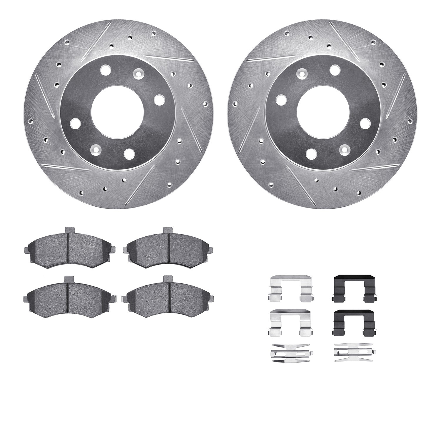 DFC Rotors-Drilled & Slotted-Silver w/ 5000 Advanced Brake Pads Incl Hdw