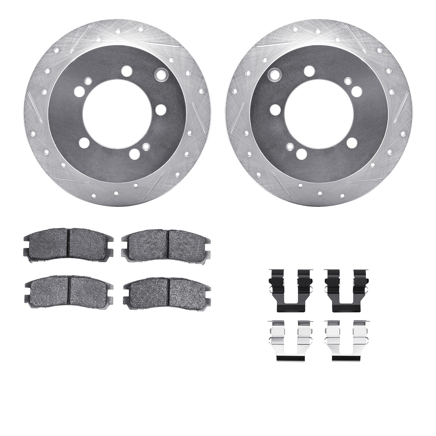 DFC Rotors-Drilled & Slotted-Silver w/ 5000 Advanced Brake Pads Incl Hdw