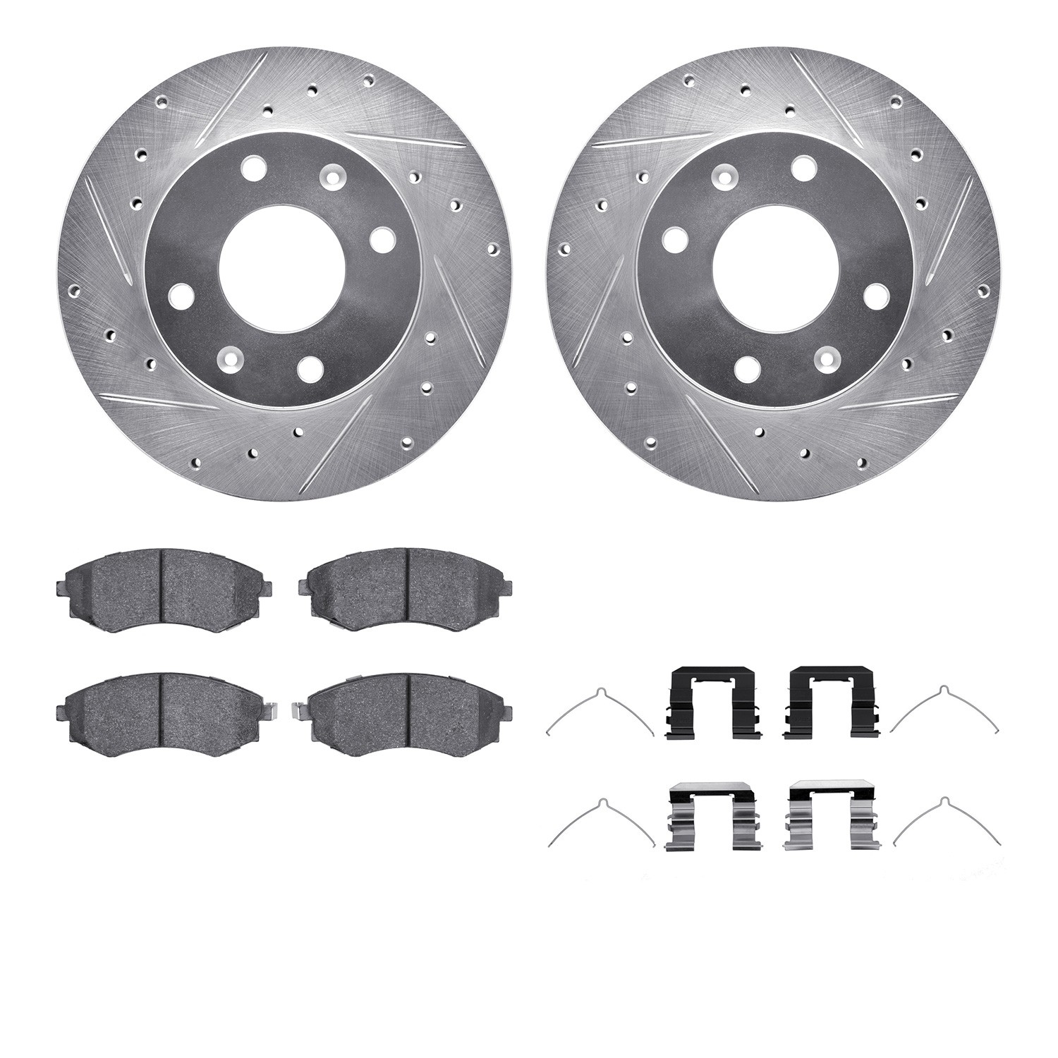 DFC Rotors-Drilled & Slotted-Silver w/ 5000 Advanced Brake Pads Incl Hdw