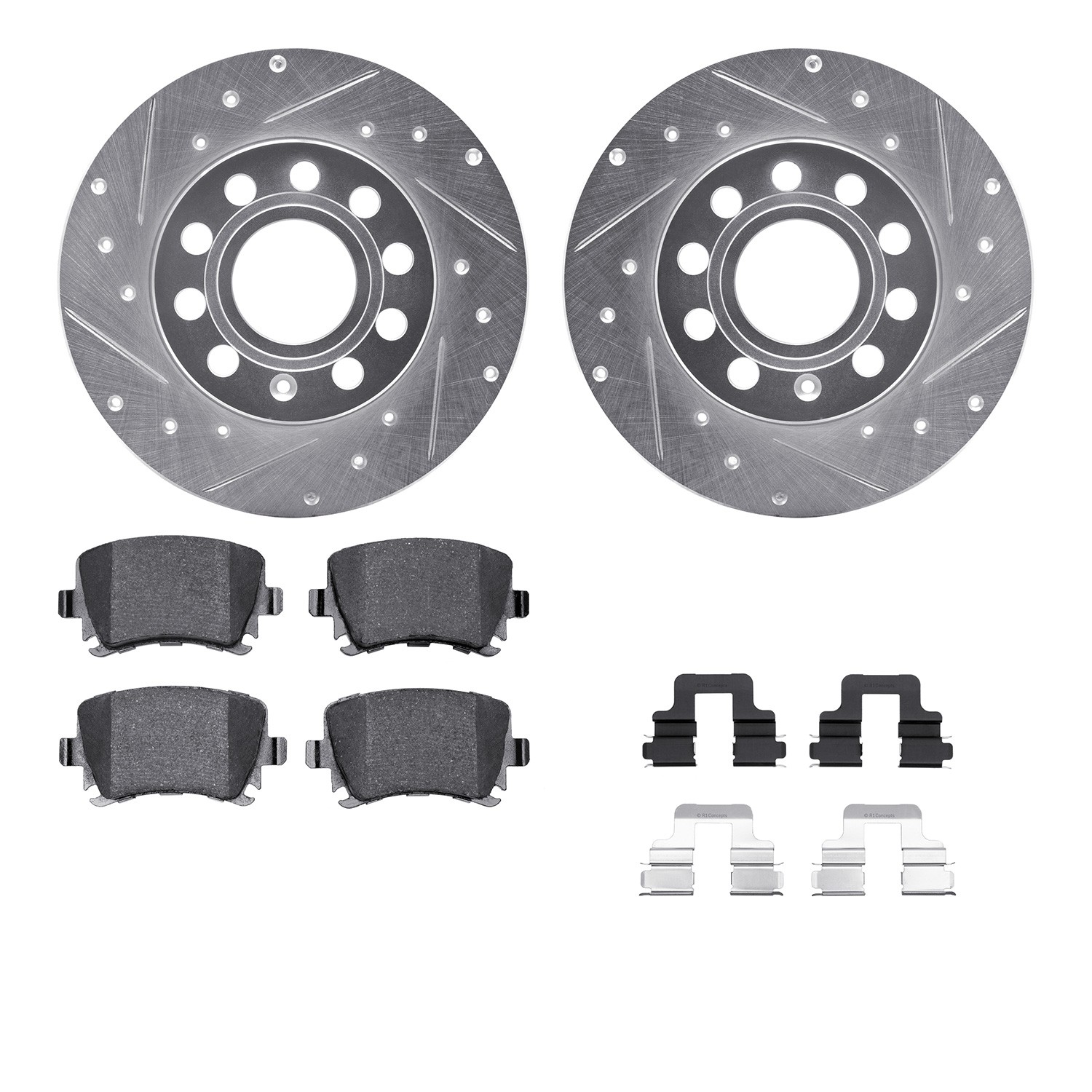 DFC Rotors-Drilled & Slotted-Silver w/ 5000 Advanced Brake Pads Incl Hdw