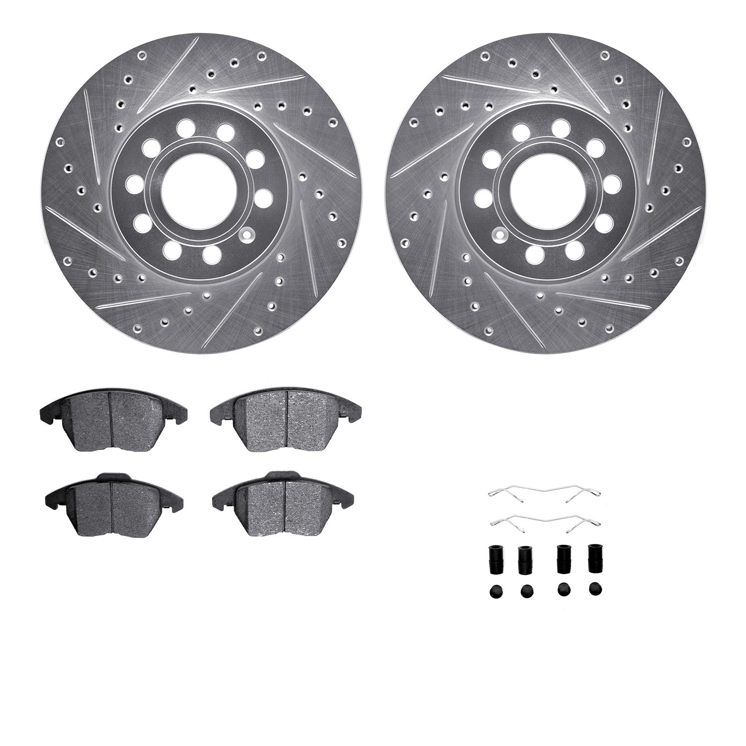 DFC Rotors-Drilled & Slotted-Silver w/ 5000 Advanced Brake Pads Incl Hdw