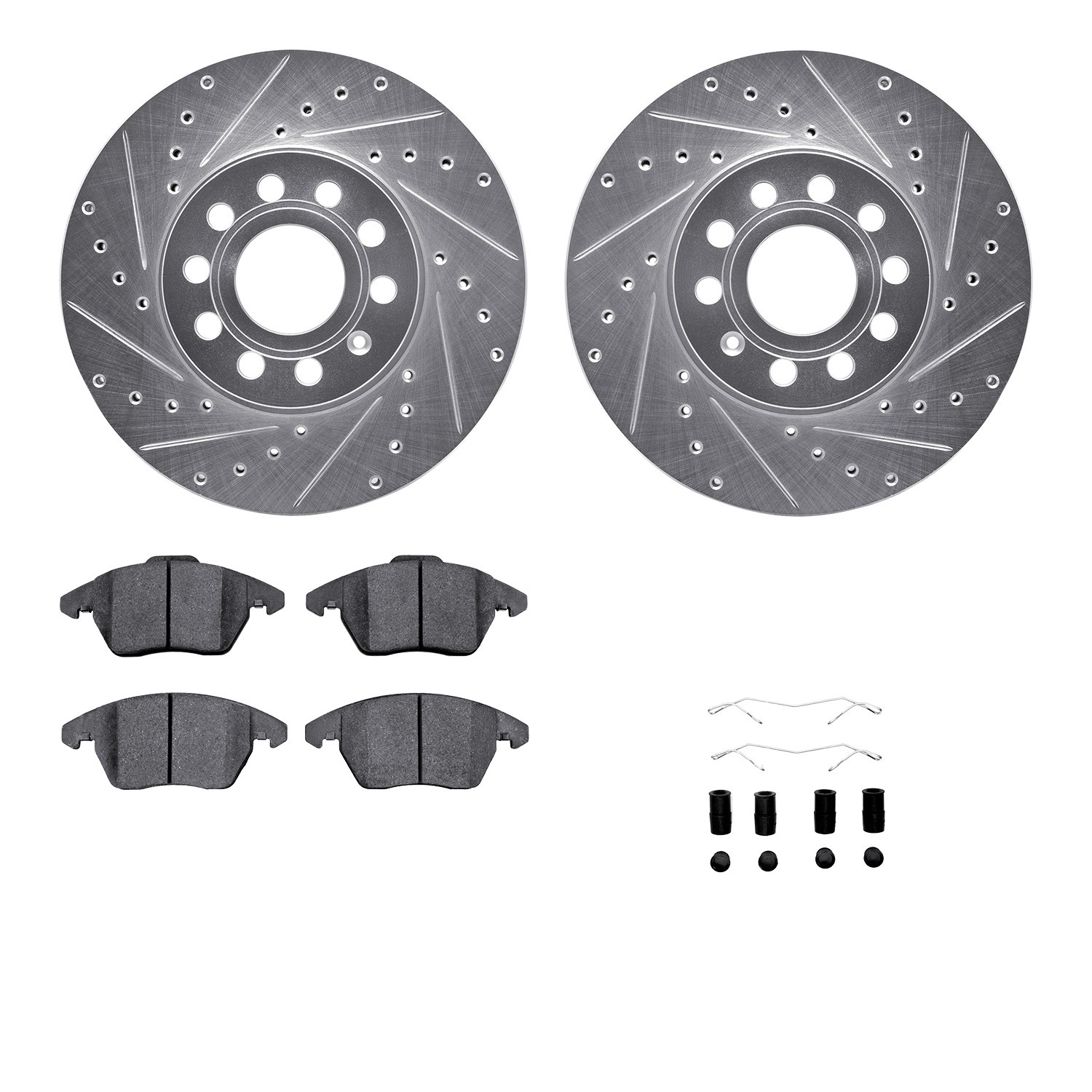 DFC Rotors-Drilled & Slotted-Silver w/ 5000 Advanced Brake Pads Incl Hdw