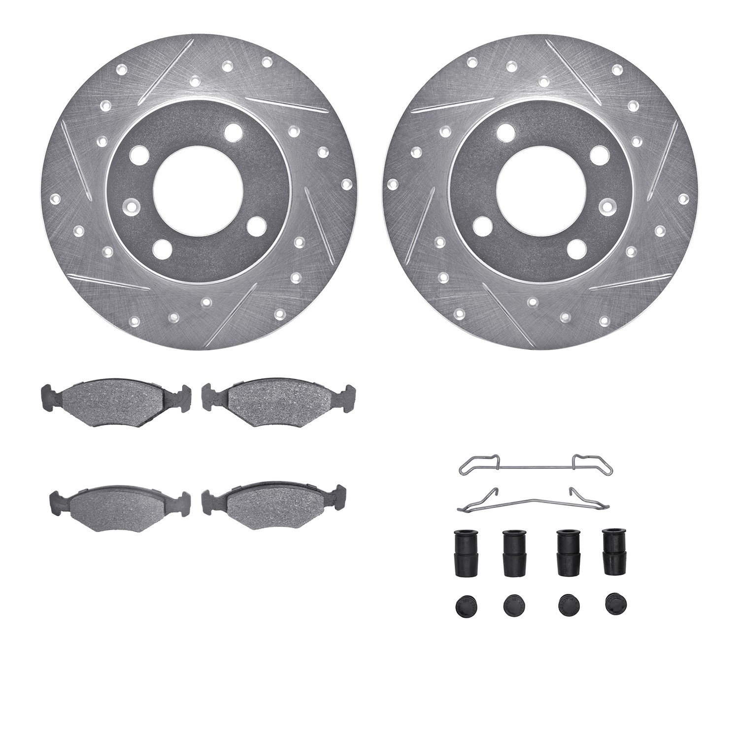 DFC Rotors-Drilled & Slotted-Silver w/ 5000 Advanced Brake Pads Incl Hdw