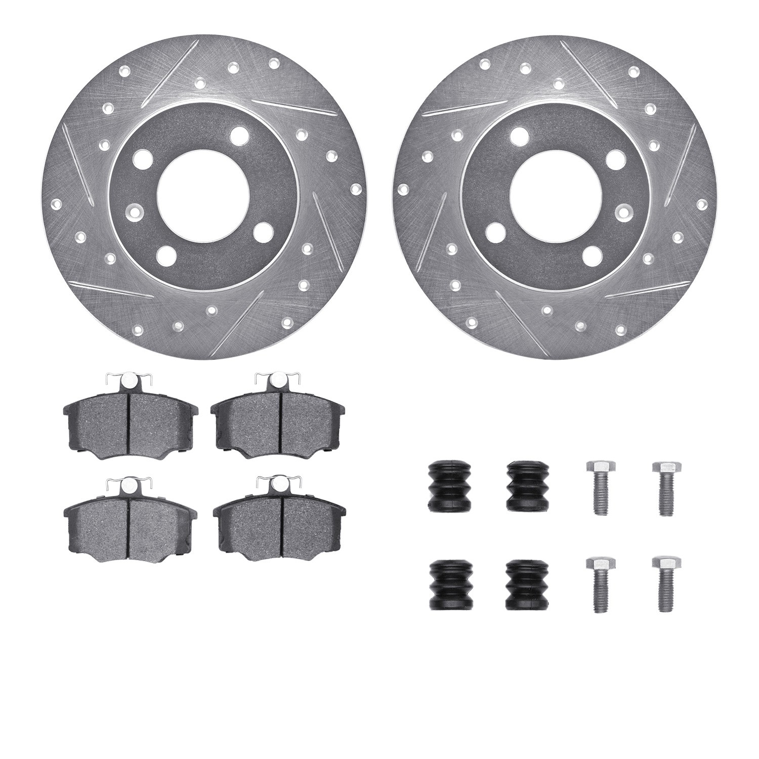 DFC Rotors-Drilled & Slotted-Silver w/ 5000 Advanced Brake Pads Incl Hdw