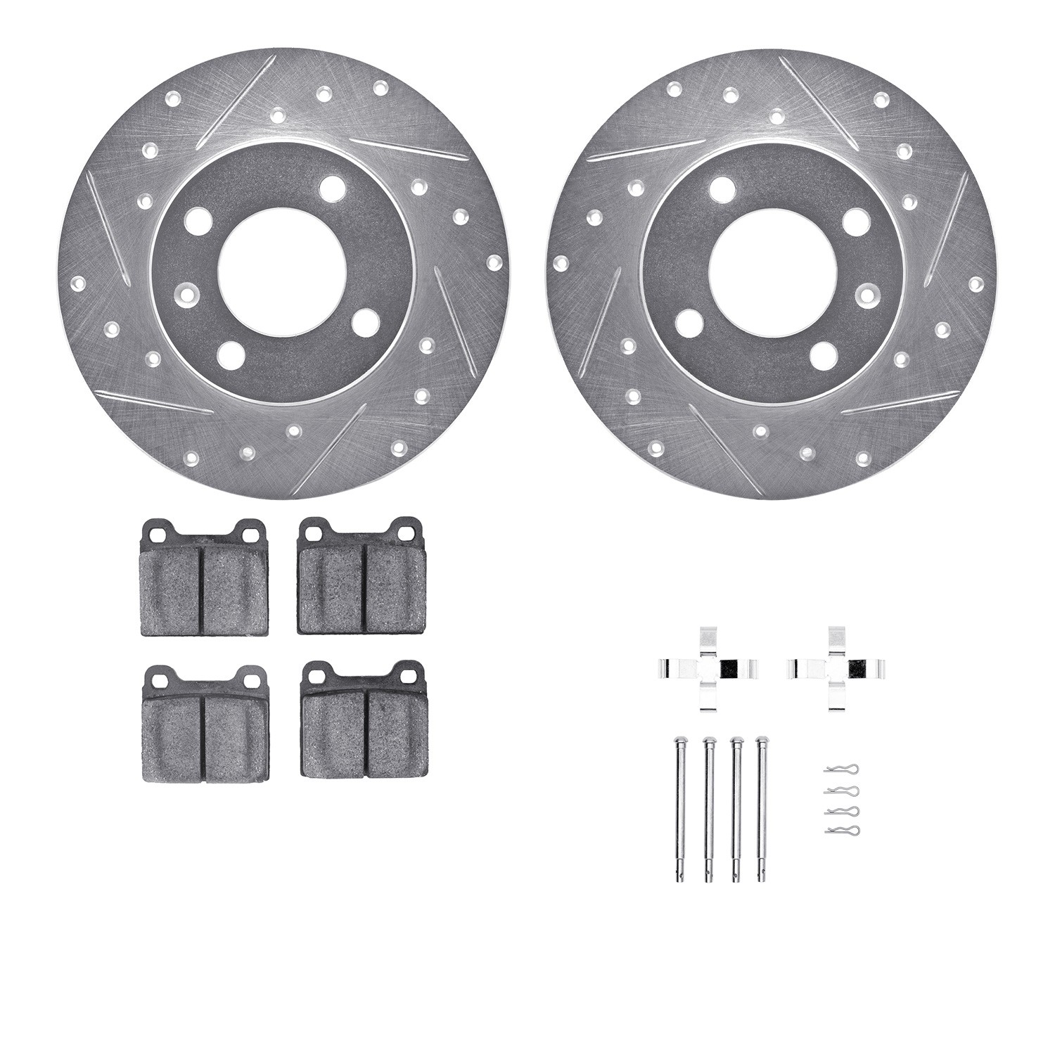 DFC Rotors-Drilled & Slotted-Silver w/ 5000 Advanced Brake Pads Incl Hdw