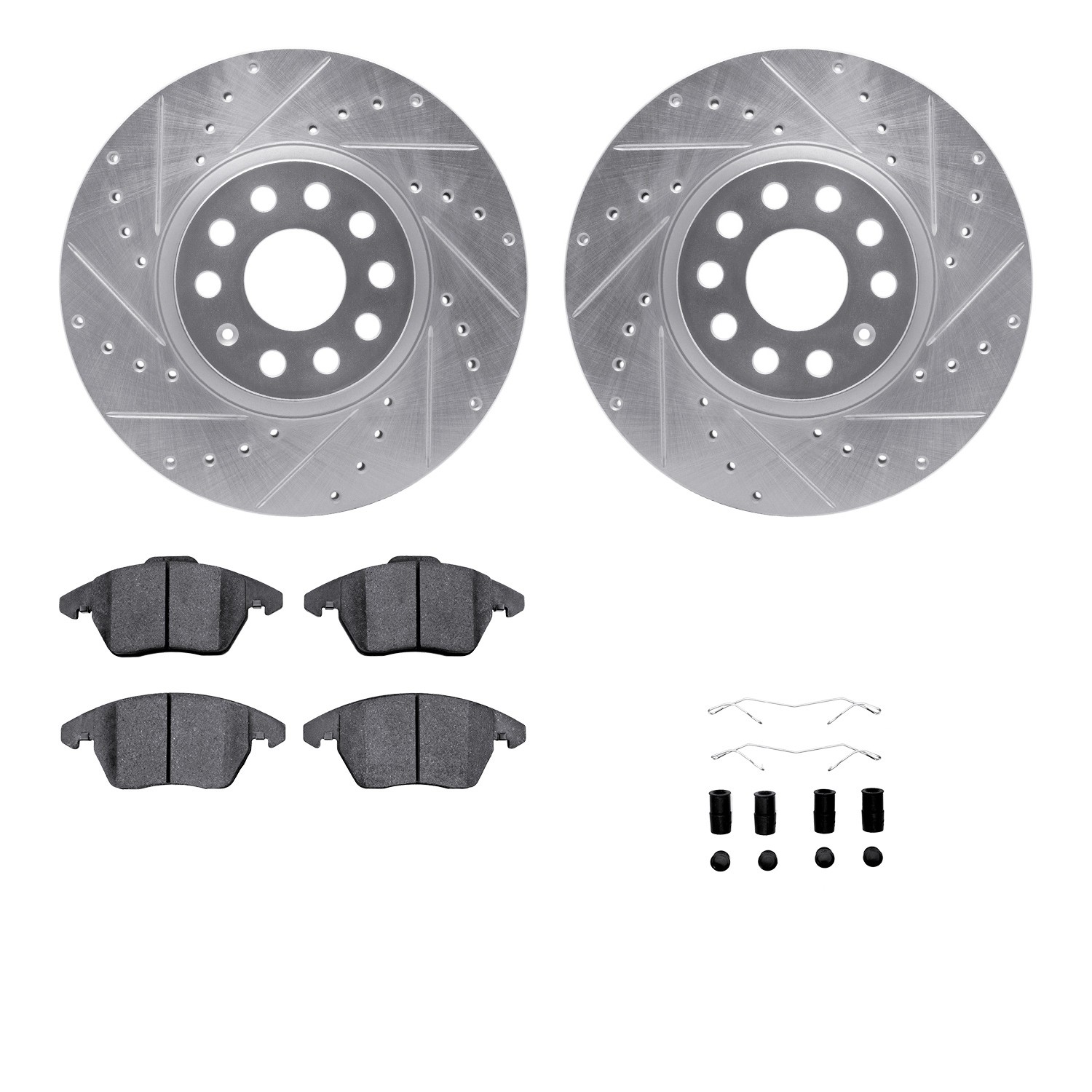 DFC Rotors-Drilled & Slotted-Silver w/ 5000 Advanced Brake Pads Incl Hdw