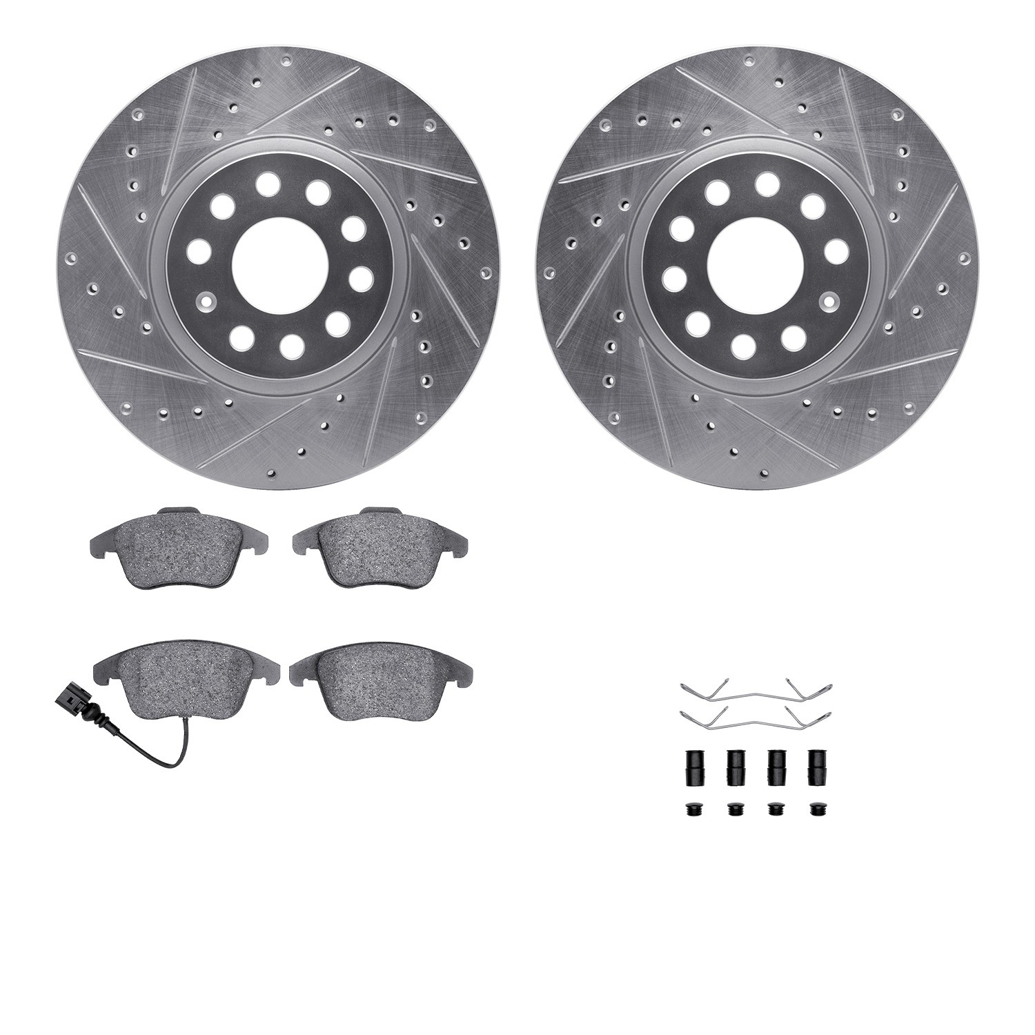 DFC Rotors-Drilled & Slotted-Silver w/ 5000 Advanced Brake Pads Incl Hdw