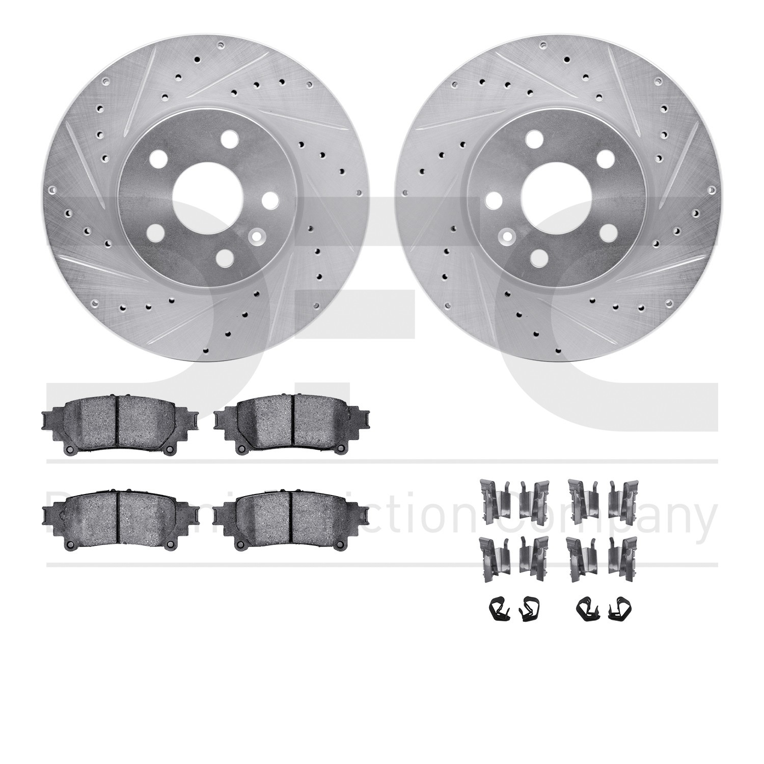 DFC Rotors-Drilled & Slotted-Silver w/ 5000 Advanced Brake Pads Incl Hdw