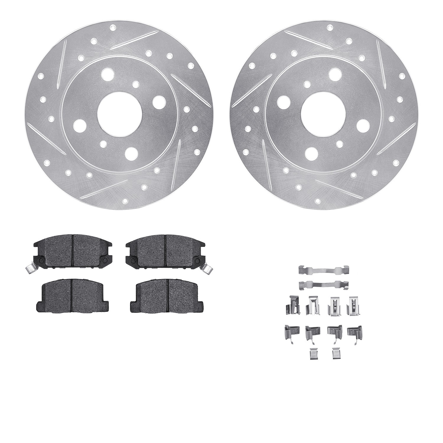 DFC Rotors-Drilled & Slotted-Silver w/ 5000 Advanced Brake Pads Incl Hdw