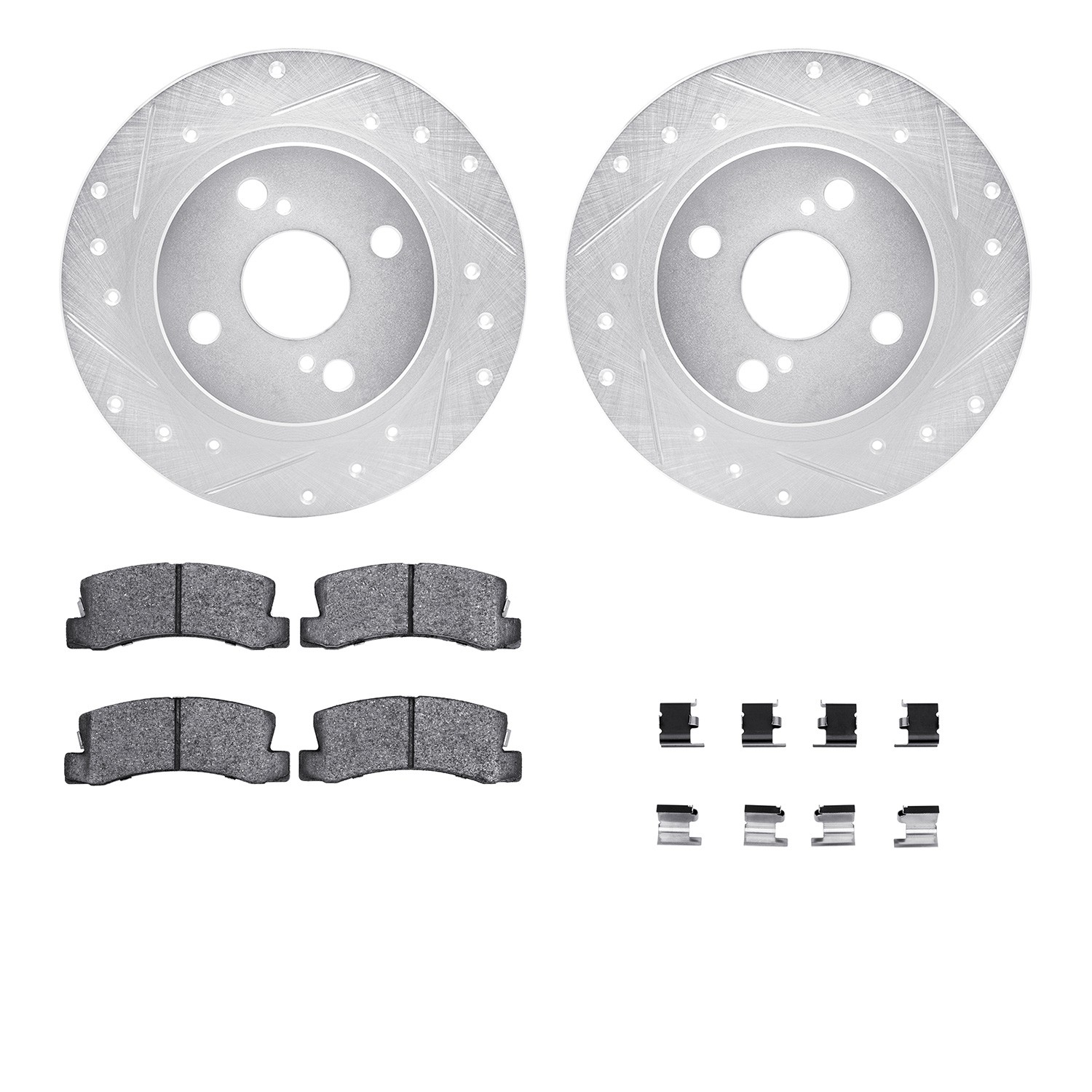 DFC Rotors-Drilled & Slotted-Silver w/ 5000 Advanced Brake Pads Incl Hdw