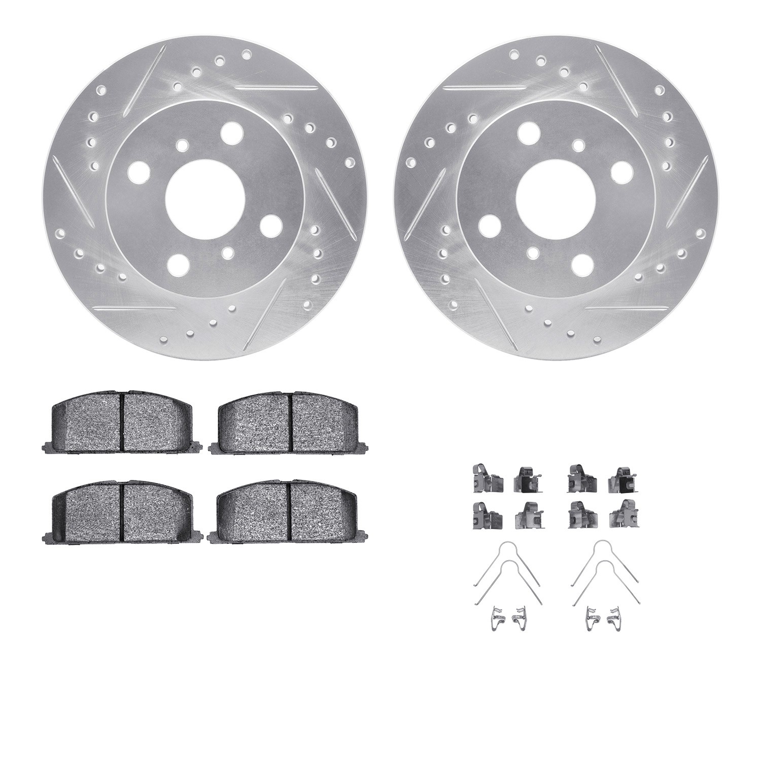 DFC Rotors-Drilled & Slotted-Silver w/ 5000 Advanced Brake Pads Incl Hdw