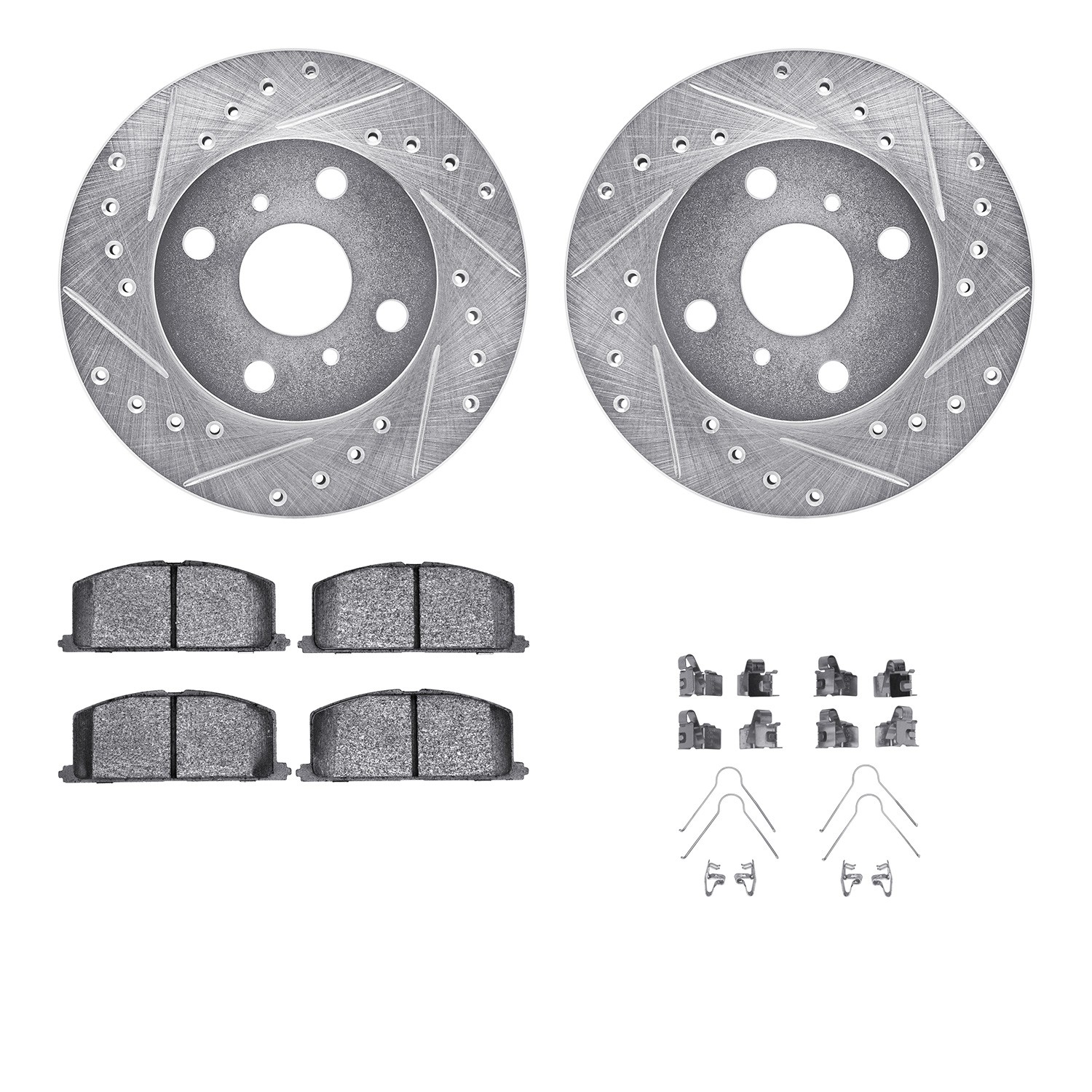 DFC Rotors-Drilled & Slotted-Silver w/ 5000 Advanced Brake Pads Incl Hdw
