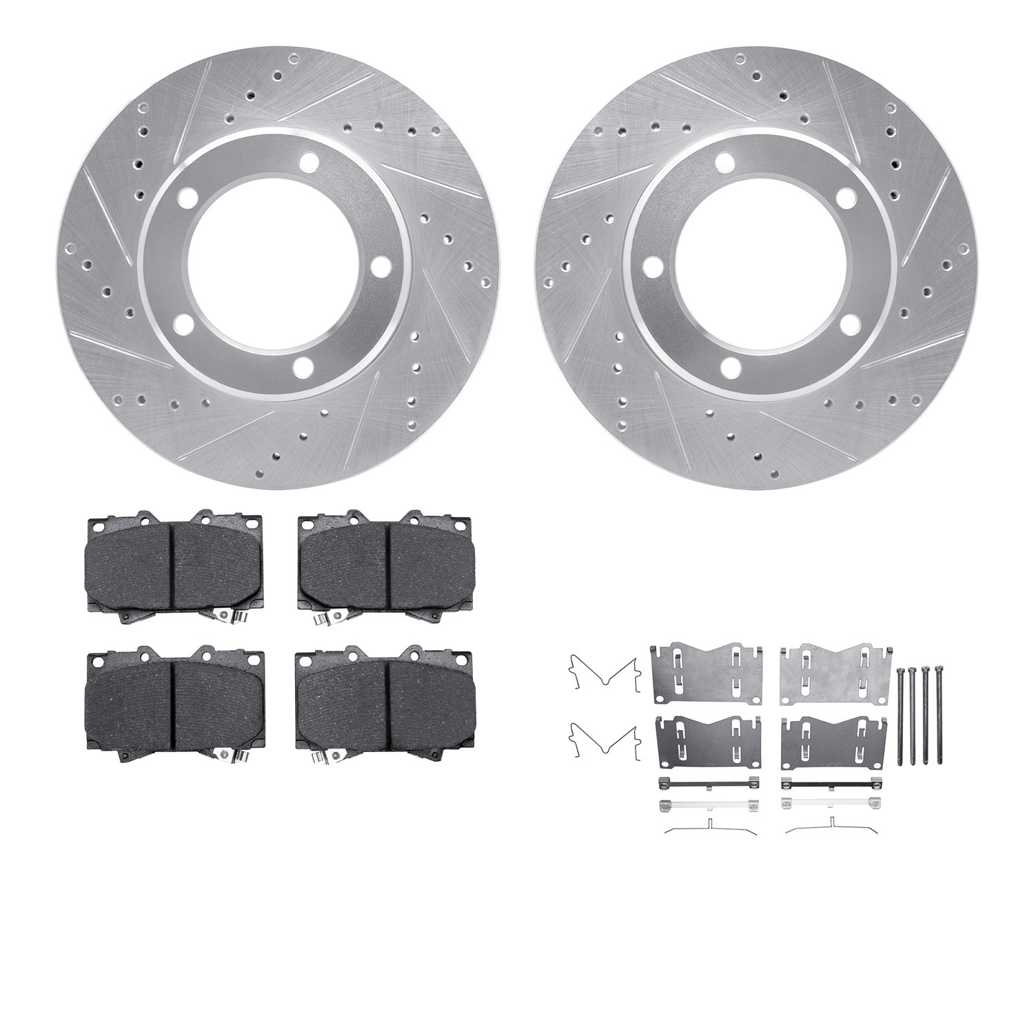 DFC Brake Rotor - Dimpled & Slotted - Silver w/5000 Brake Pads & HW Kit