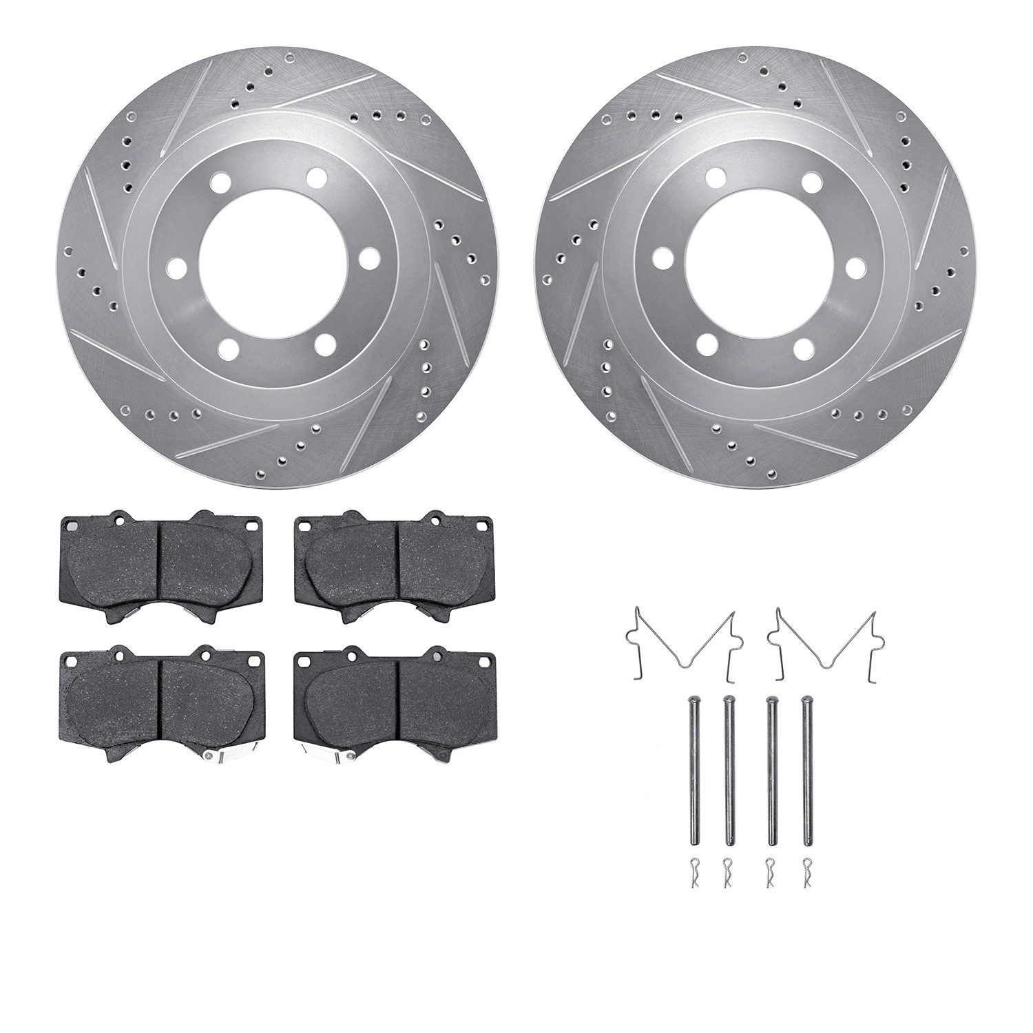 DFC Brake Rotor - Dimpled & Slotted - Silver w/5000 Brake Pads & HW Kit