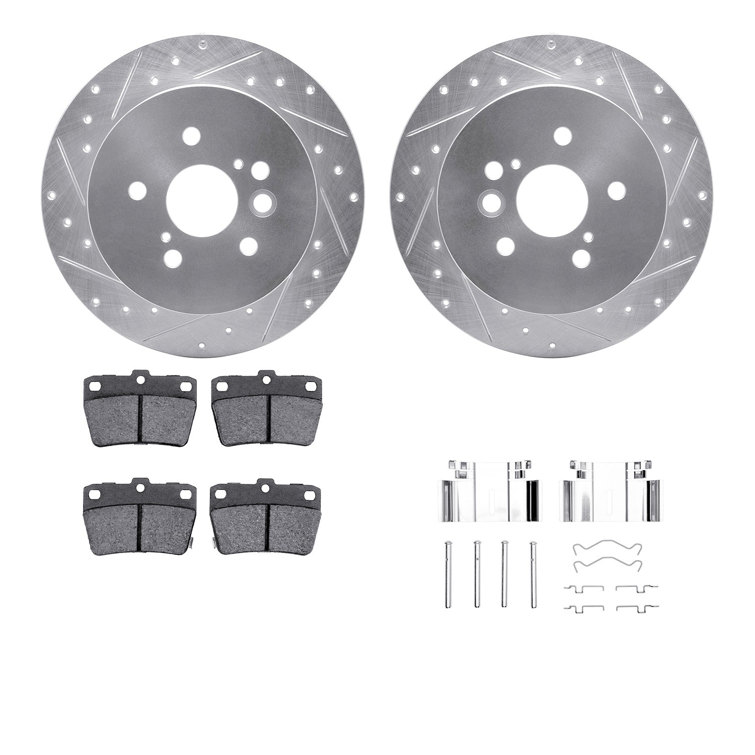 DFC Brake Rotor - Dimpled & Slotted - Silver w/5000 Brake Pads & HW Kit