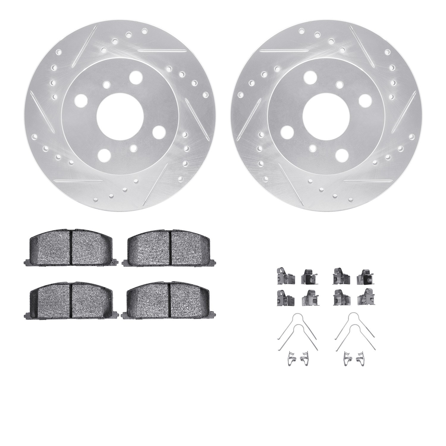 DFC Rotors-Drilled & Slotted-Silver w/ 5000 Advanced Brake Pads Incl Hdw