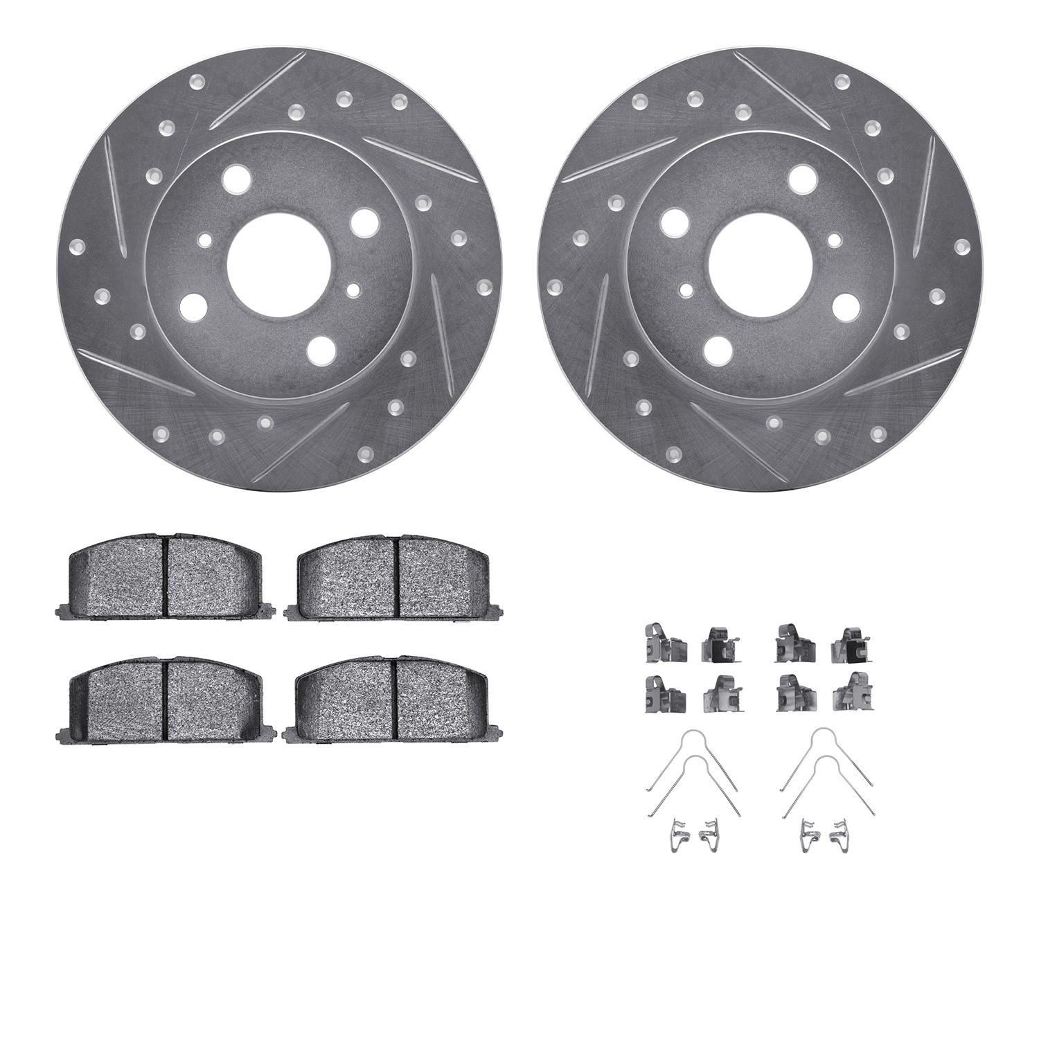 DFC Rotors-Drilled & Slotted-Silver w/ 5000 Advanced Brake Pads Incl Hdw