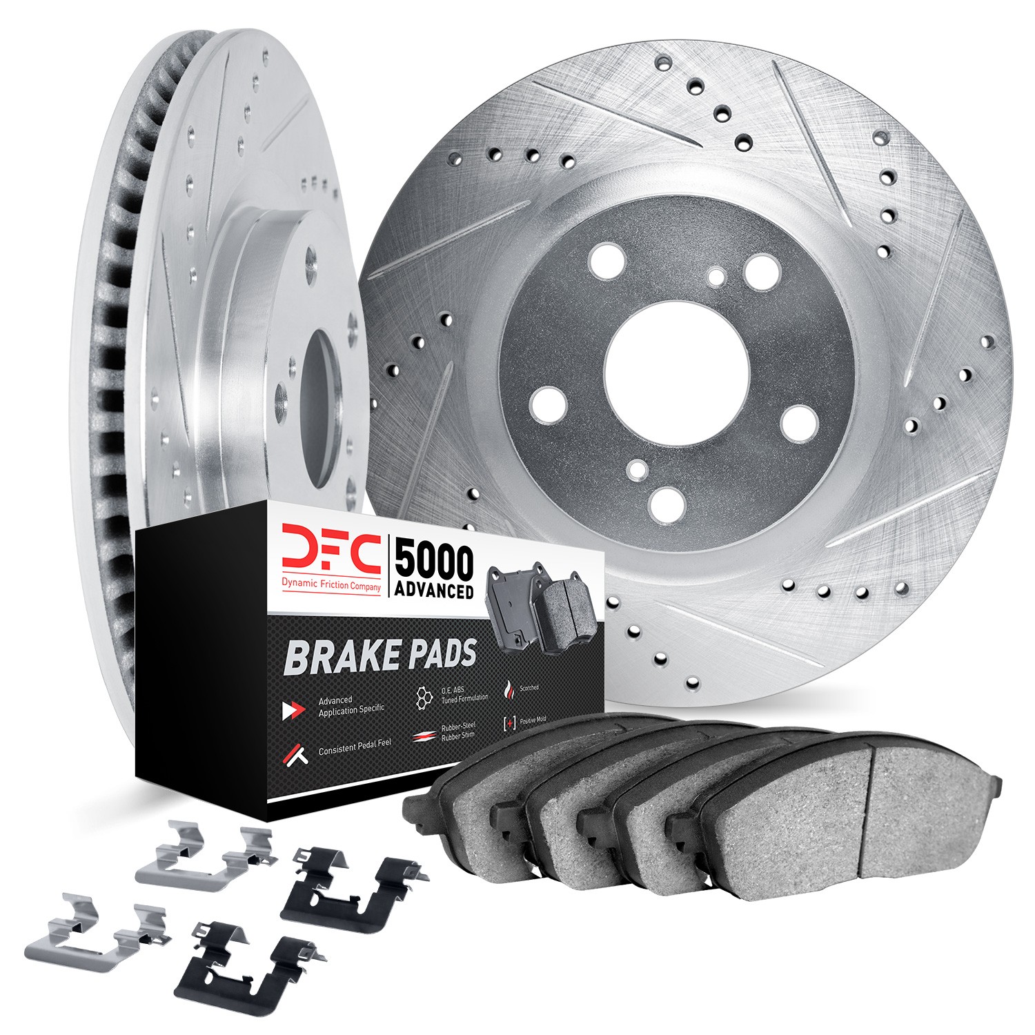 DFC Rotors-Drilled & Slotted-Silver w/ 5000 Advanced Brake Pads Incl Hdw