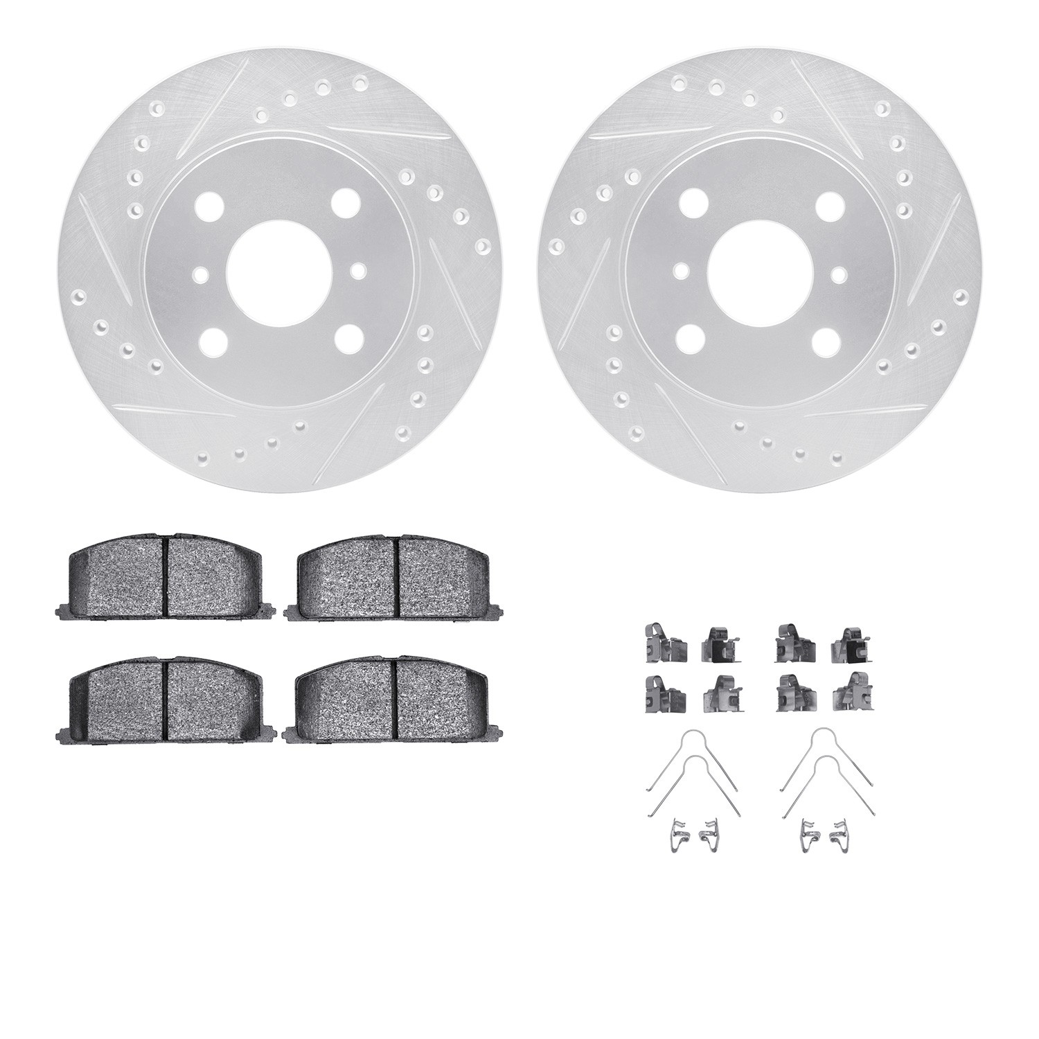 DFC Rotors-Drilled & Slotted-Silver w/ 5000 Advanced Brake Pads Incl Hdw