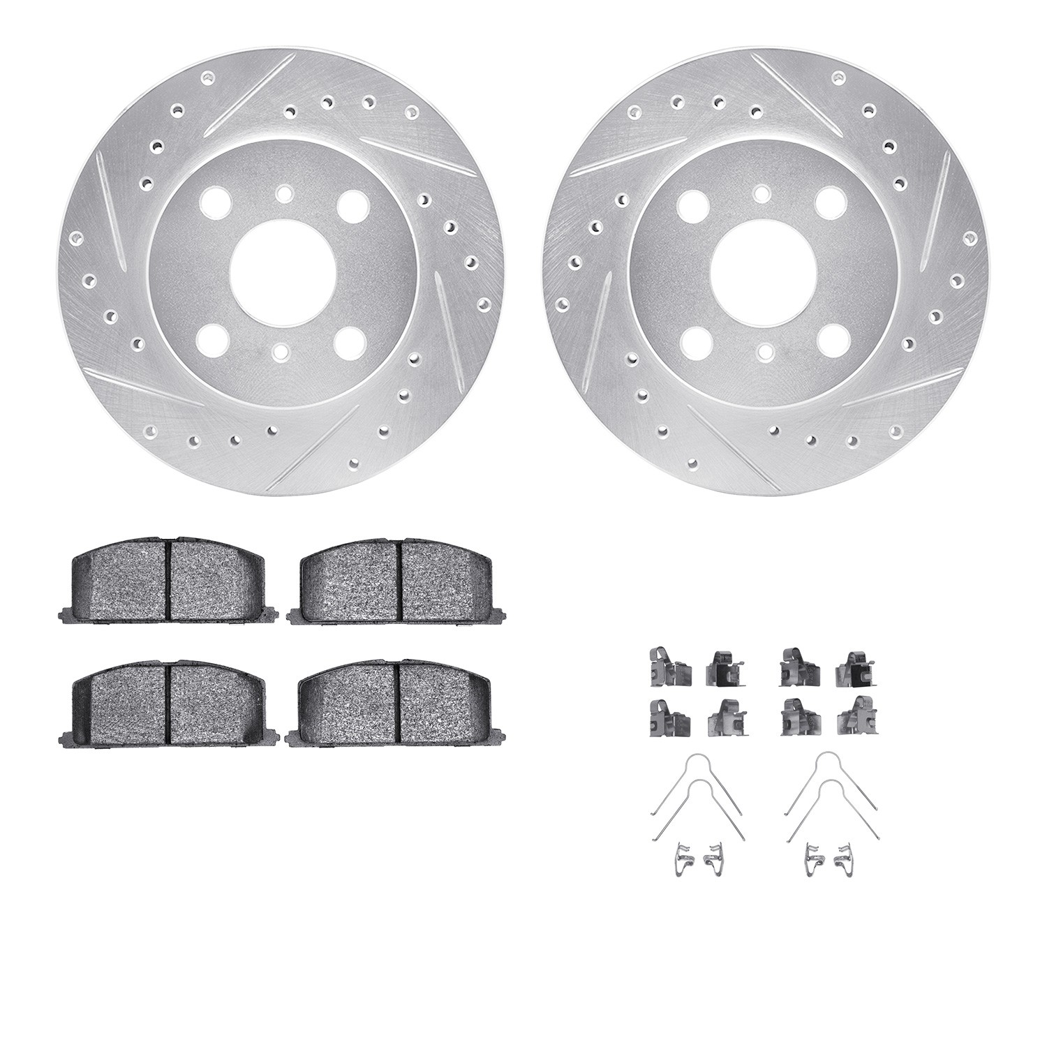 DFC Rotors-Drilled & Slotted-Silver w/ 5000 Advanced Brake Pads Incl Hdw