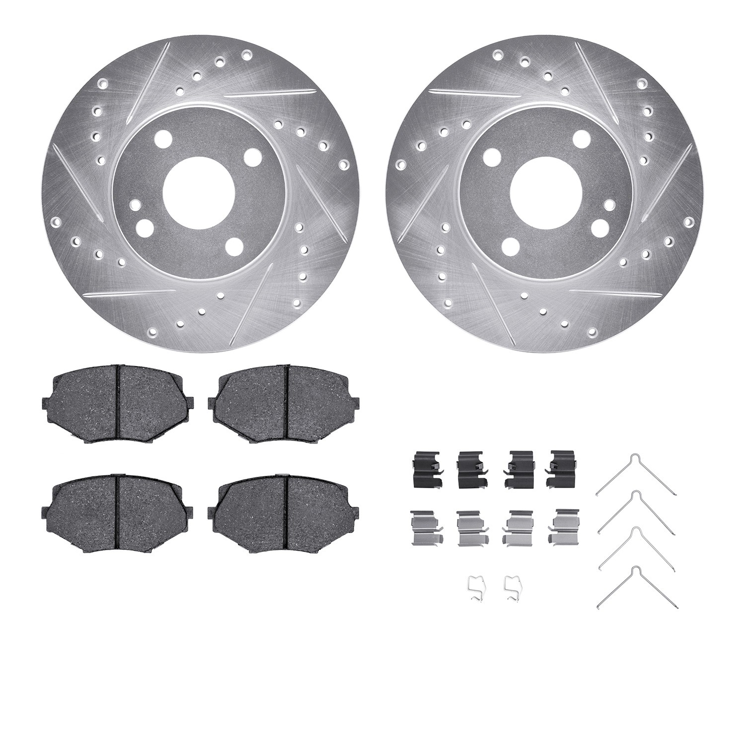 DFC Rotors-Drilled & Slotted-Silver w/ 5000 Advanced Brake Pads Incl Hdw