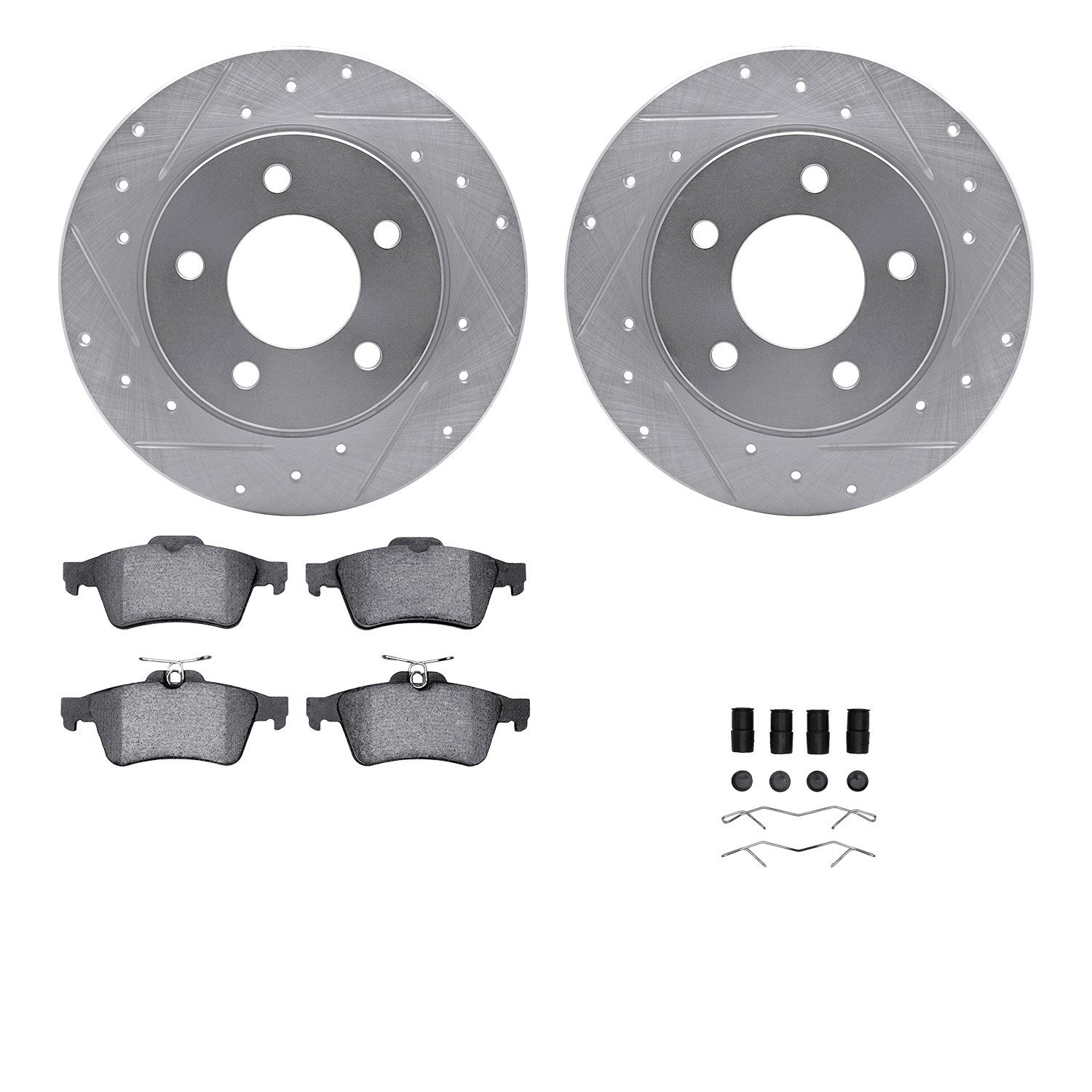 DFC Rotors-Drilled & Slotted-Silver w/ 5000 Advanced Brake Pads Incl Hdw