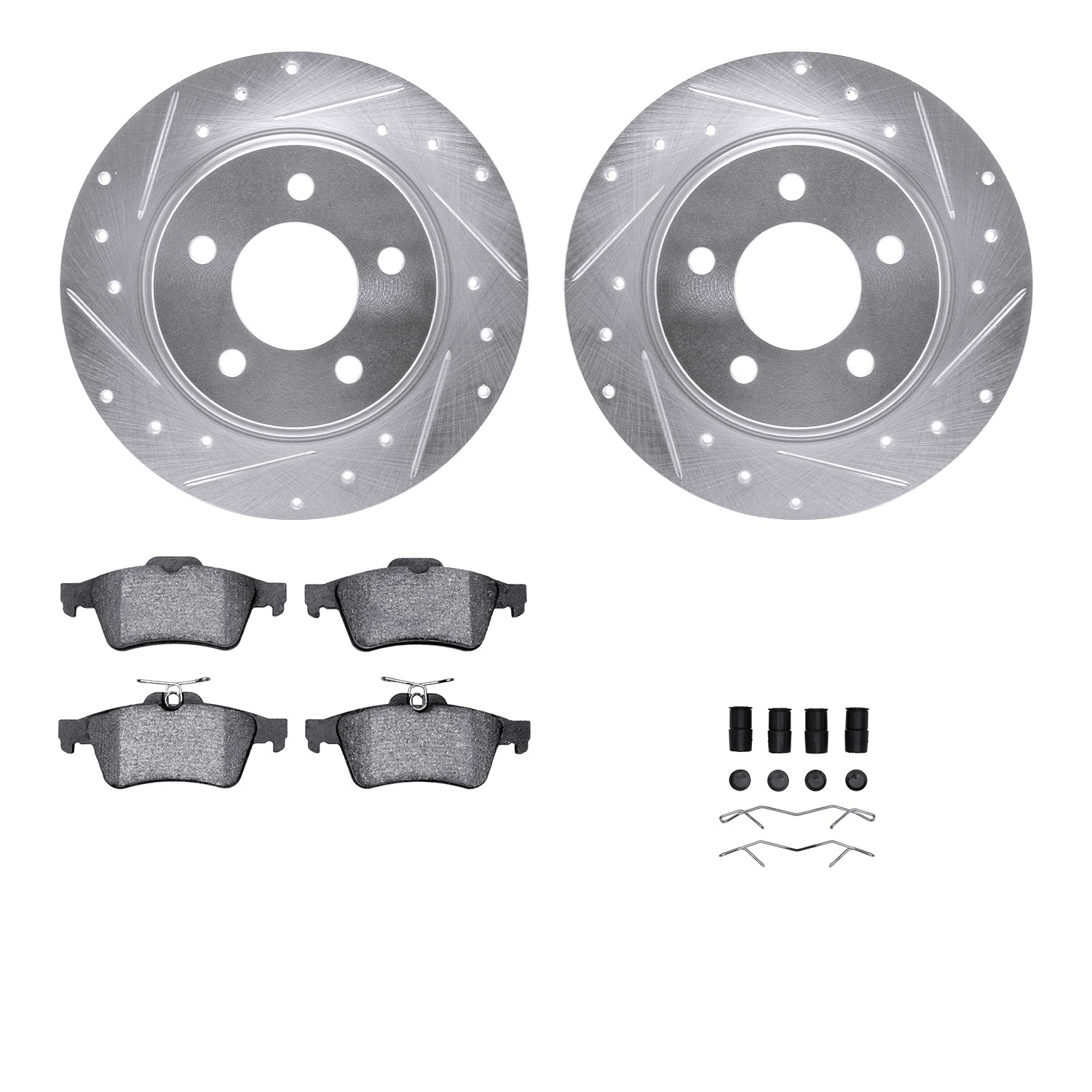 DFC Rotors-Drilled & Slotted-Silver w/ 5000 Advanced Brake Pads Incl Hdw