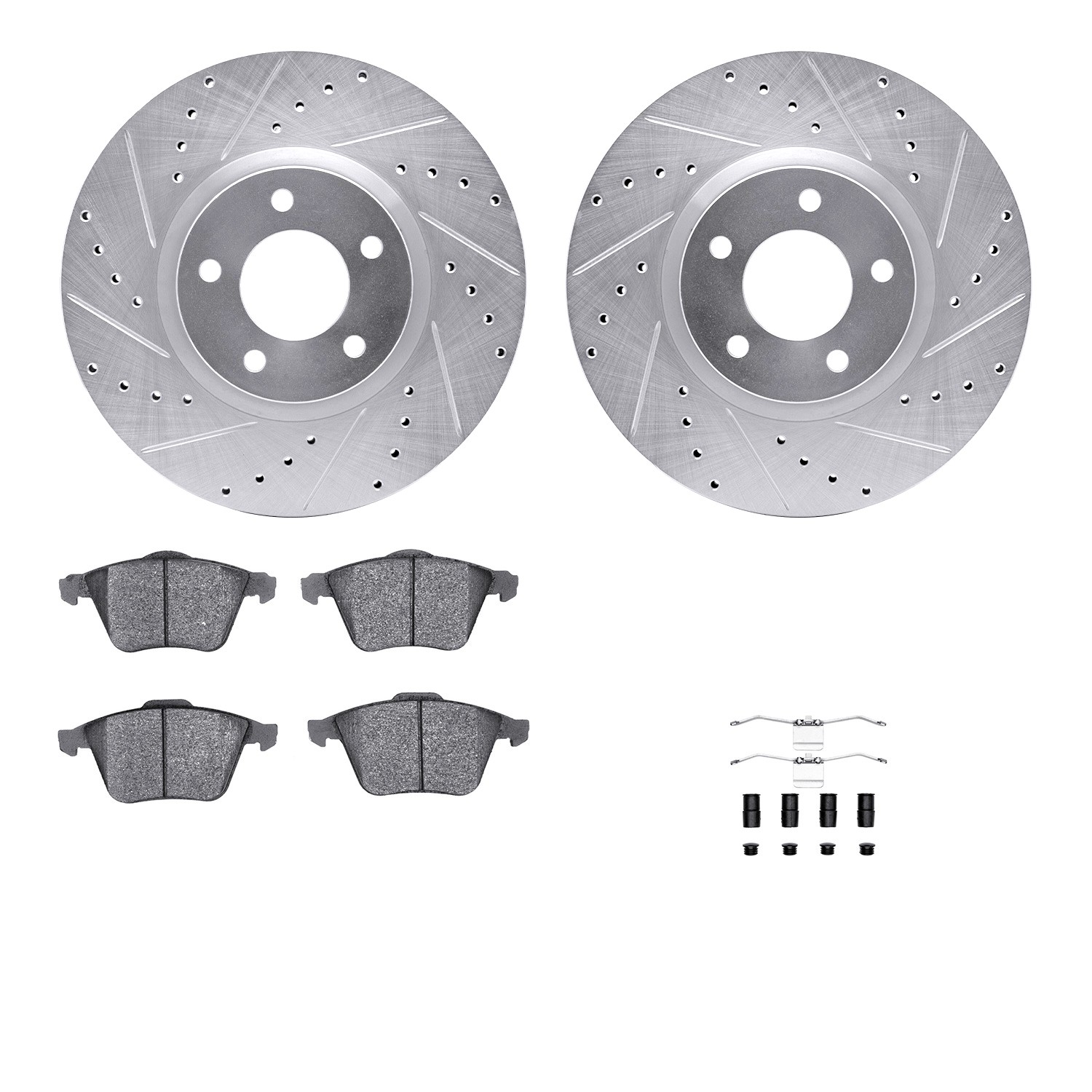 DFC Rotors-Drilled & Slotted-Silver w/ 5000 Advanced Brake Pads Incl Hdw