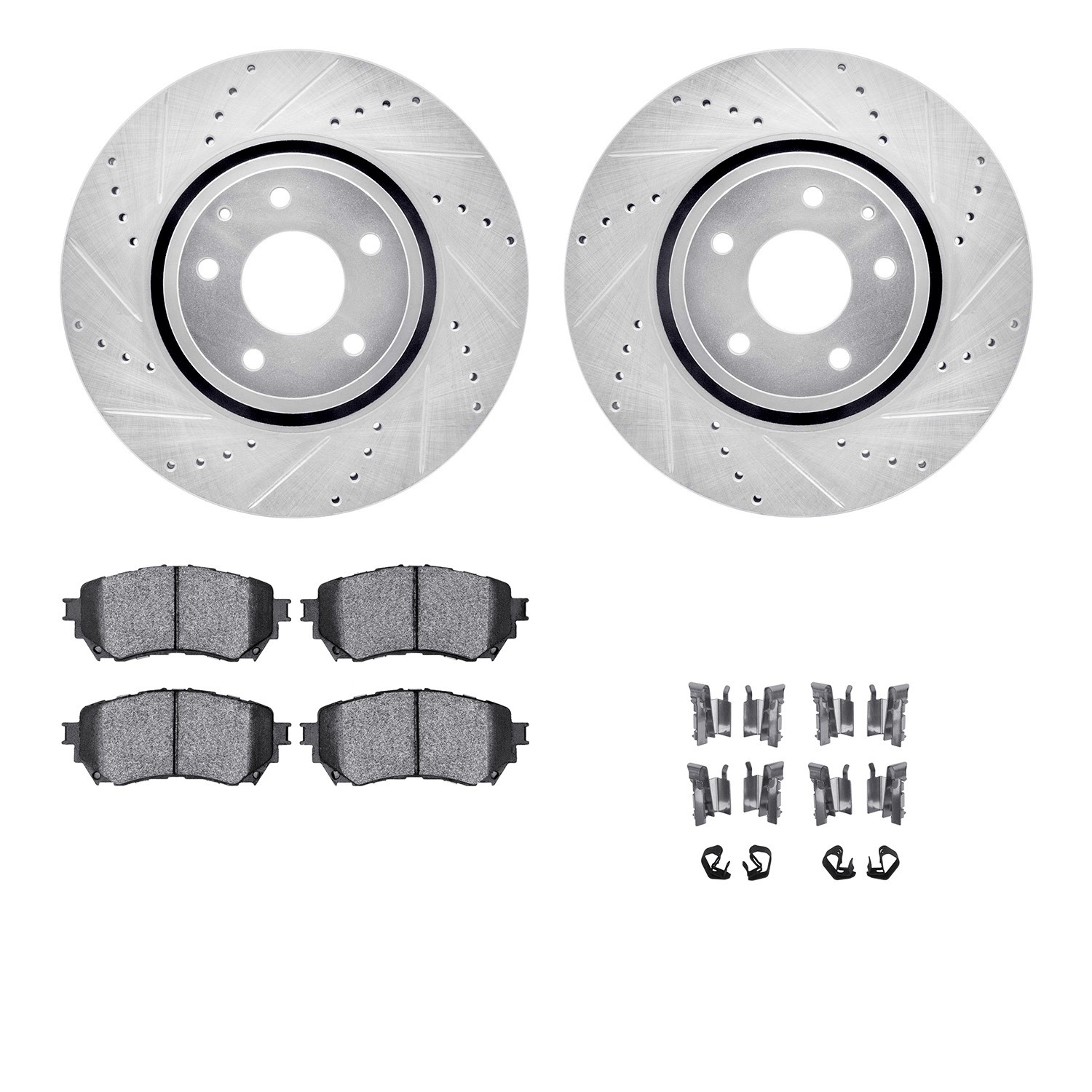 DFC Rotors-Drilled & Slotted-Silver w/ 5000 Advanced Brake Pads Incl Hdw