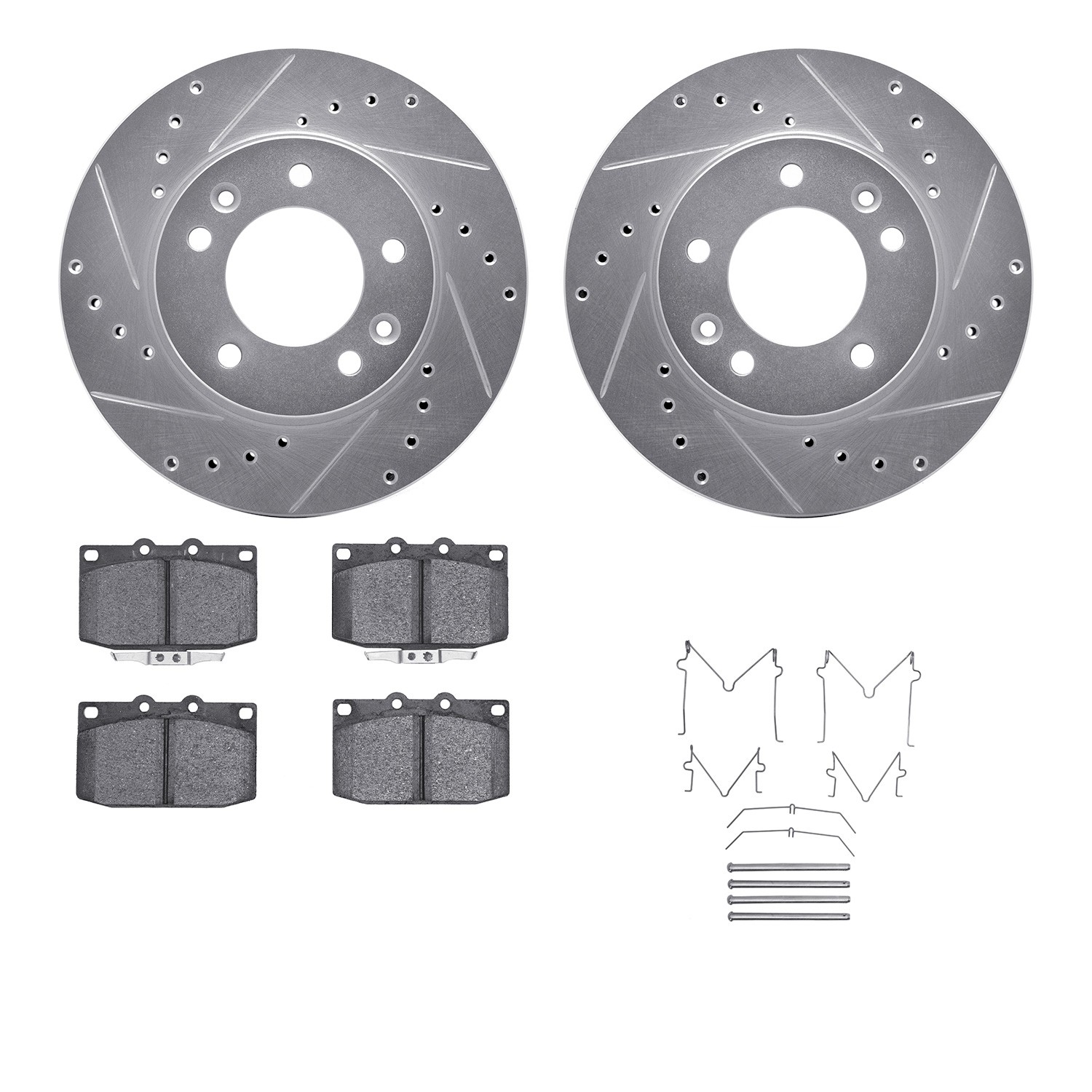 DFC Rotors-Drilled & Slotted-Silver w/ 5000 Advanced Brake Pads Incl Hdw
