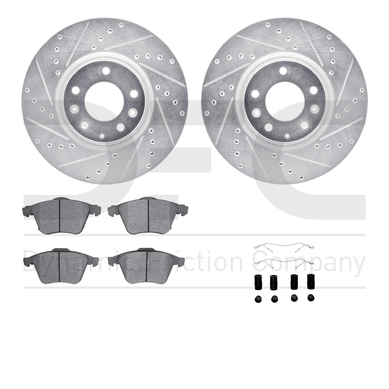 DFC Rotors-Drilled & Slotted-Silver w/ 5000 Advanced Brake Pads Incl Hdw