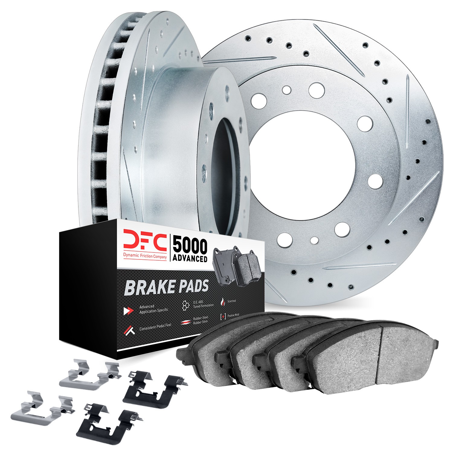 DFC Rotors-Drilled & Slotted-Silver w/ 5000 Advanced Brake Pads Incl Hdw