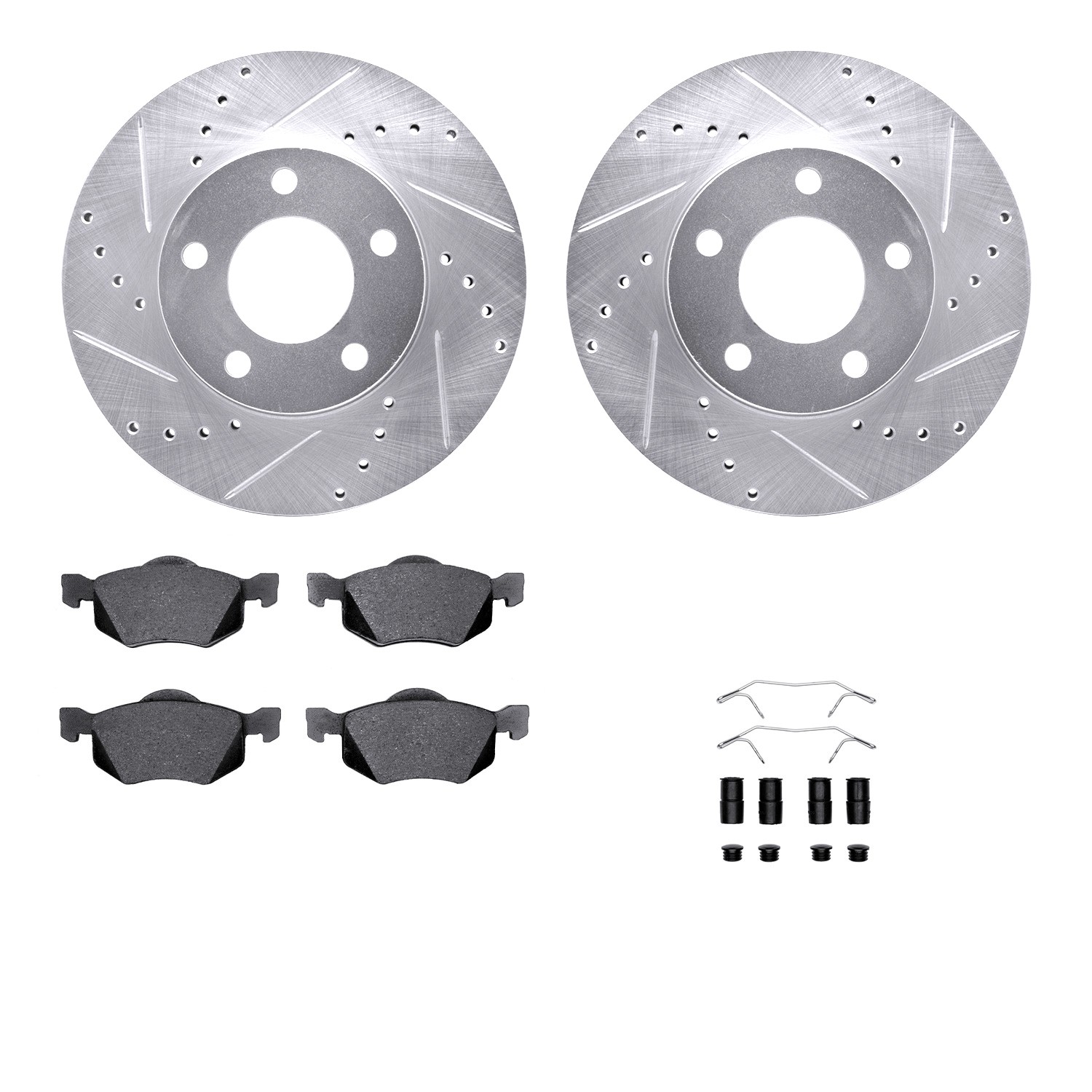 DFC Rotors-Drilled & Slotted-Silver w/ 5000 Advanced Brake Pads Incl Hdw