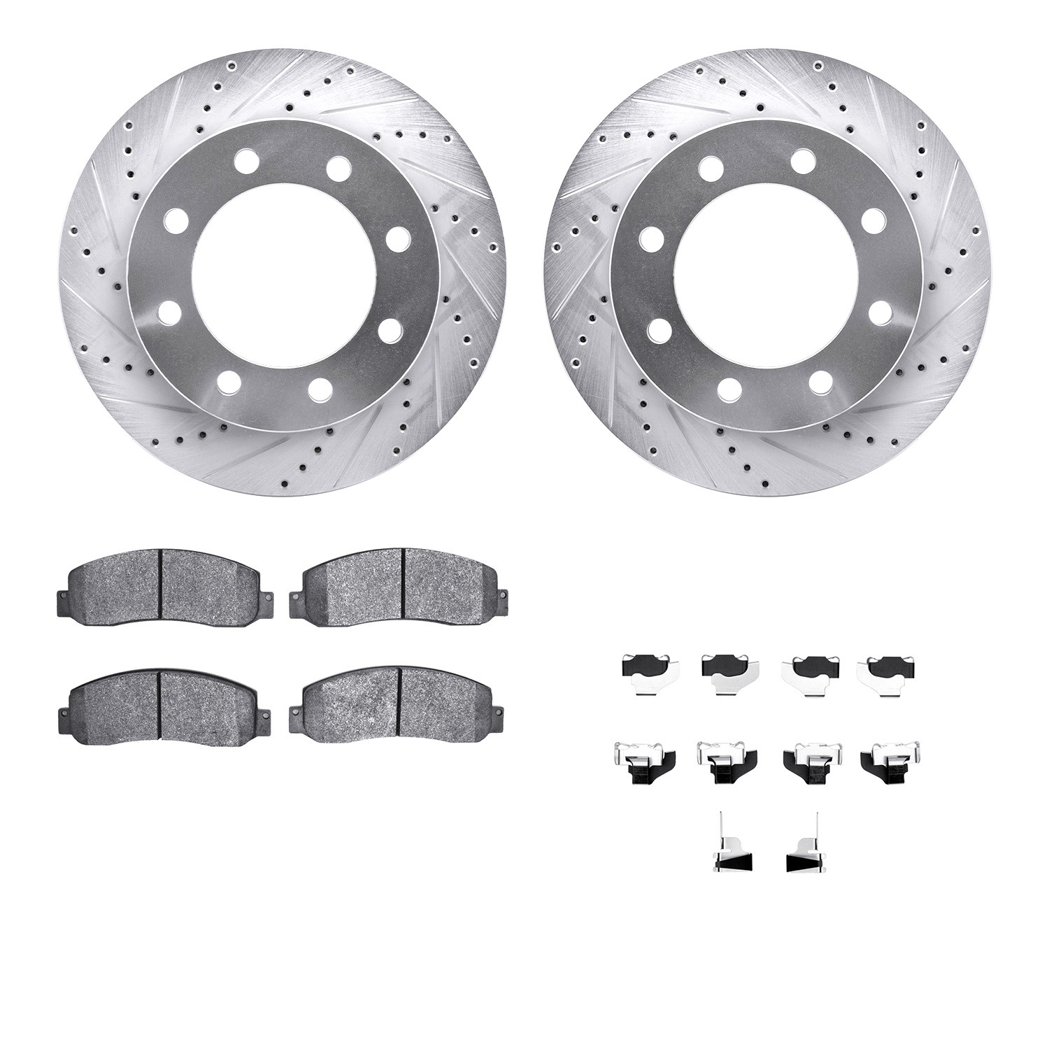 DFC Rotors-Drilled & Slotted-Silver w/ 5000 Advanced Brake Pads Incl Hdw