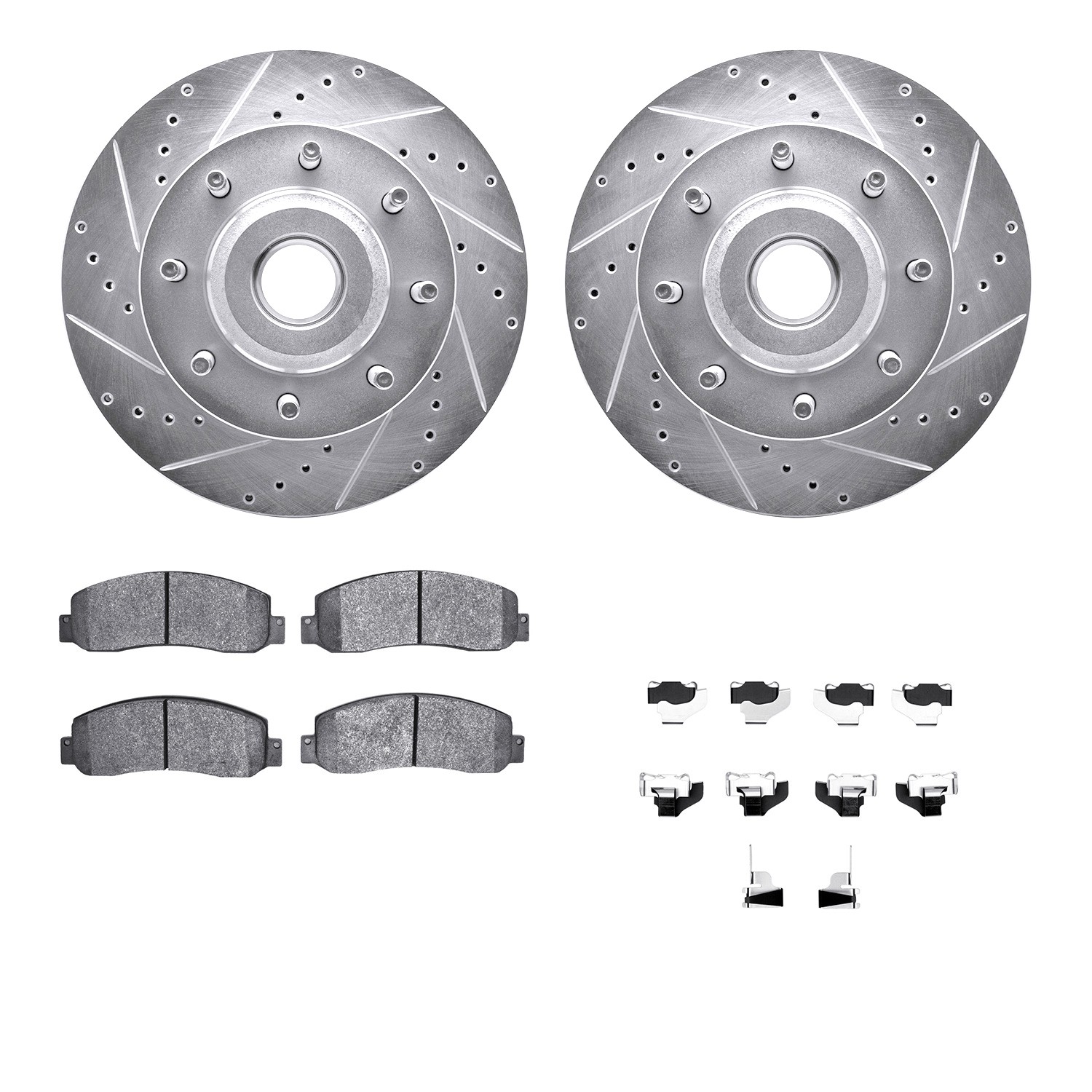 DFC Rotors-Drilled & Slotted-Silver w/ 5000 Advanced Brake Pads Incl Hdw