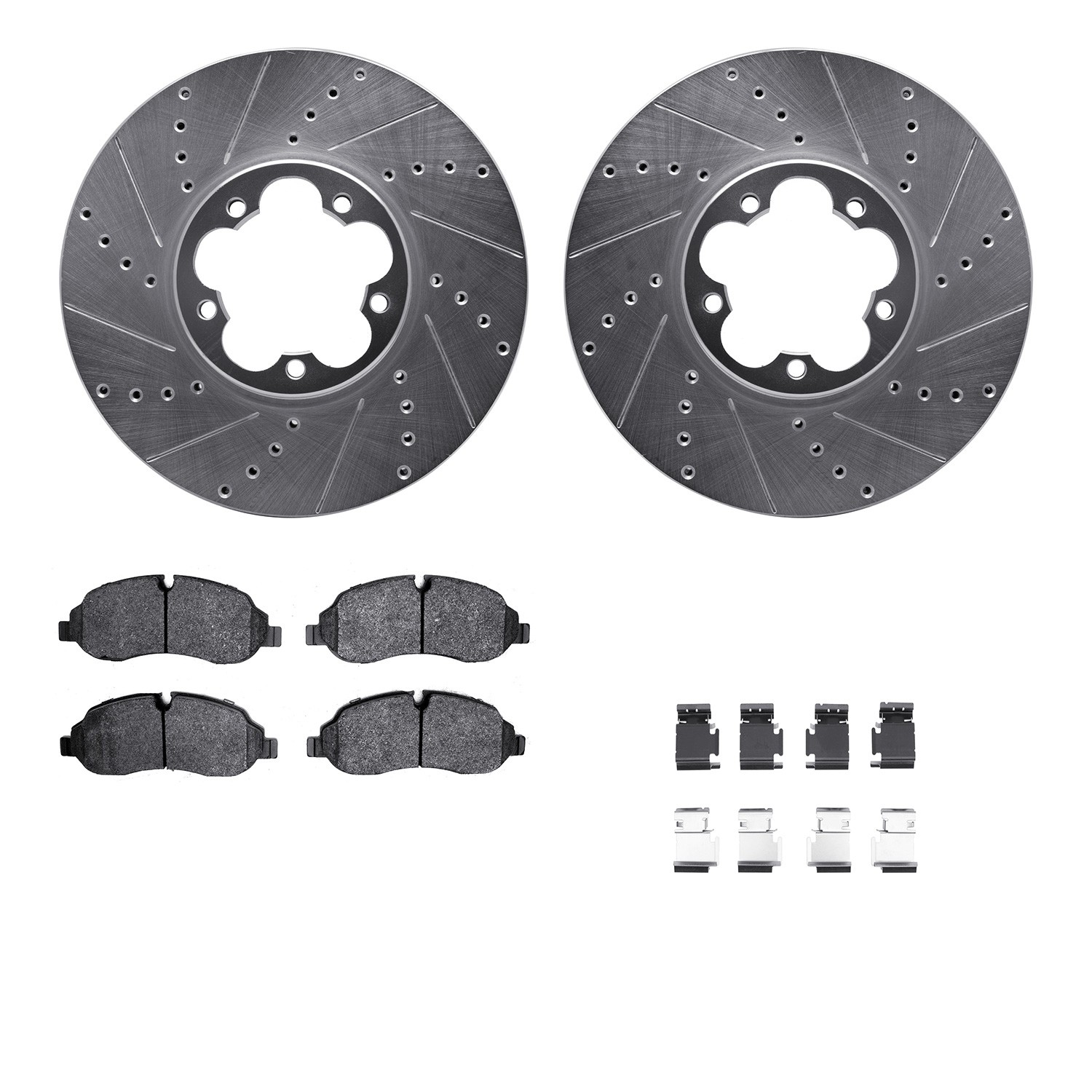 DFC Rotors-Drilled & Slotted-Silver w/ 5000 Advanced Brake Pads Incl Hdw