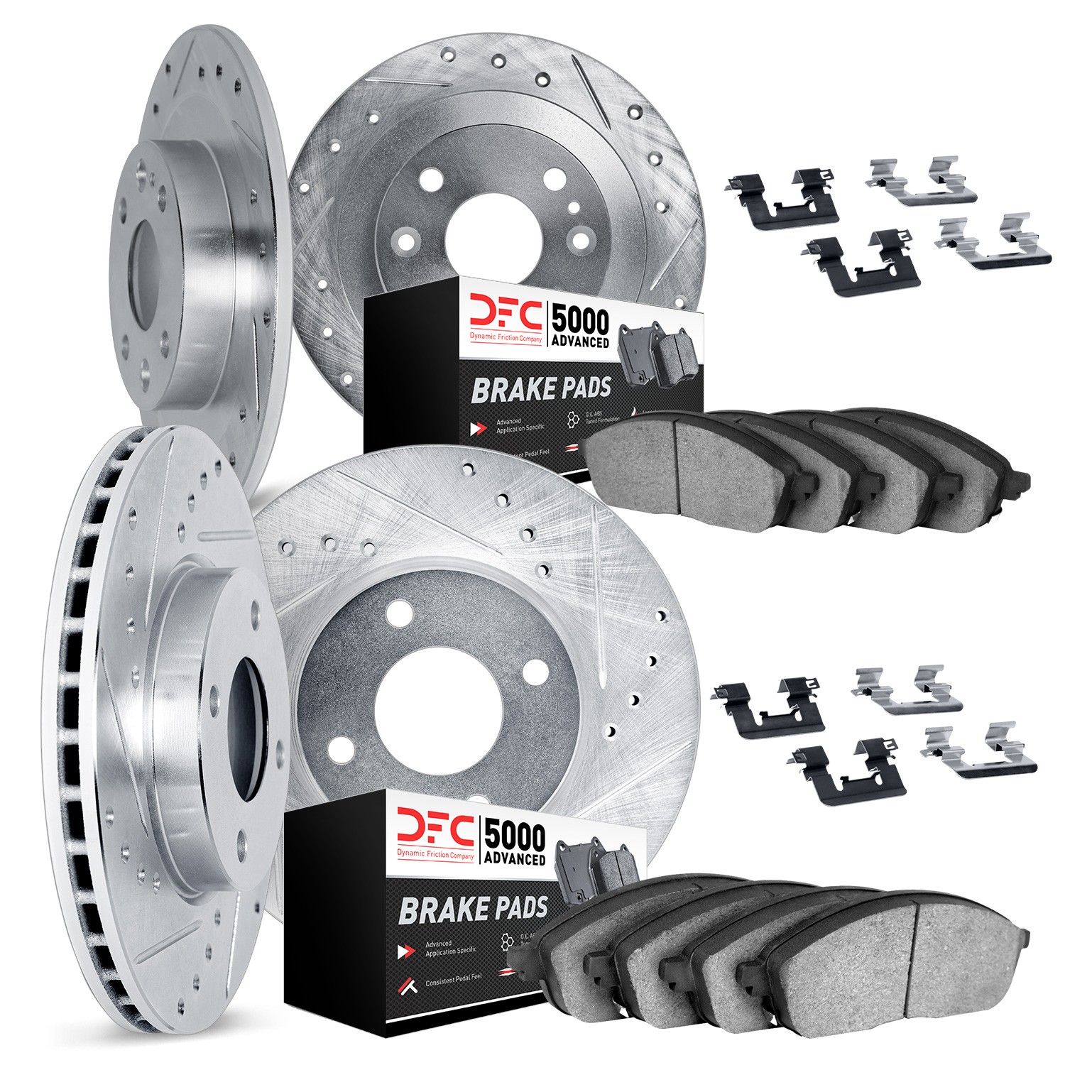 DFC Rotors-Drilled & Slotted-Silver w/ 5000 Advanced Brake Pads Incl Hdw