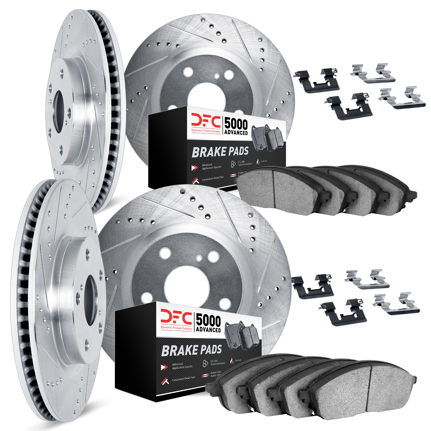DFC Rotors-Drilled & Slotted-Silver w/ 5000 Advanced Brake Pads Incl Hdw