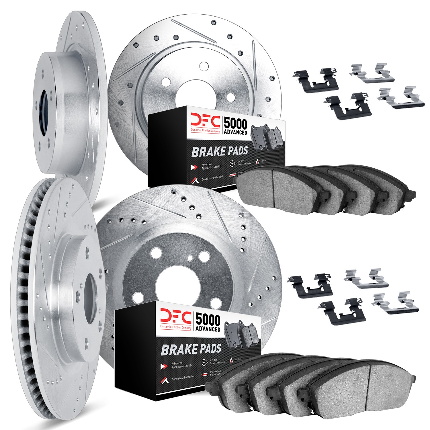 DFC Rotors-Drilled & Slotted-Silver w/ 5000 Advanced Brake Pads Incl Hdw