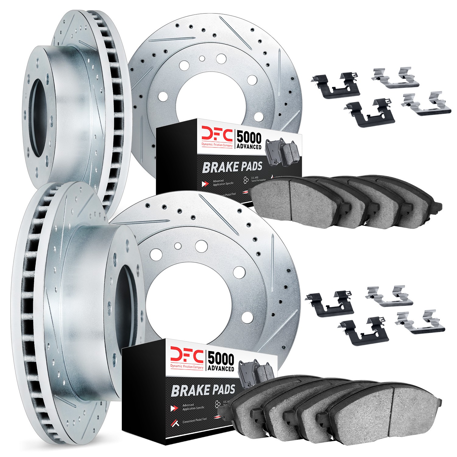 DFC Brake Rotor - Dimpled & Slotted - Silver w/5000 Brake Pads & HW Kit