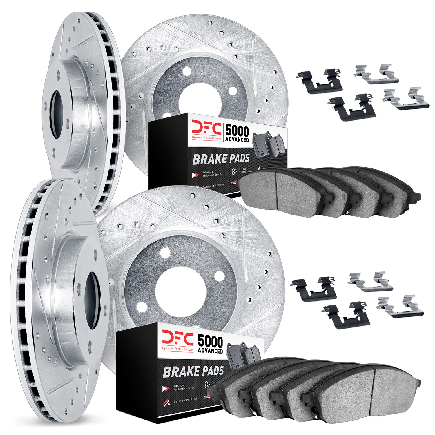 DFC Rotors-Drilled & Slotted-Silver w/ 5000 Advanced Brake Pads Incl Hdw