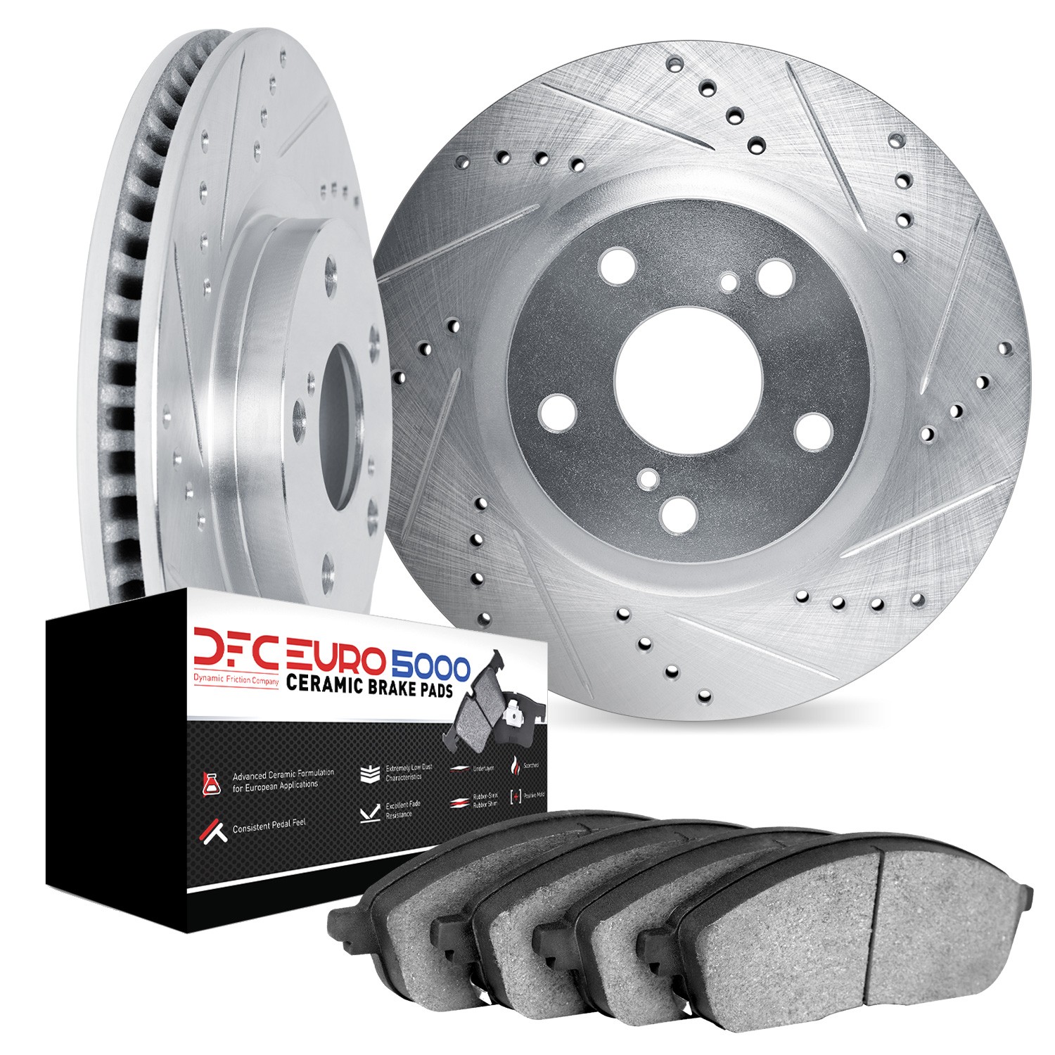 DFC Rotors-Drilled and Slotted-Silver with EURO 5000 Ceramic Brake Pads