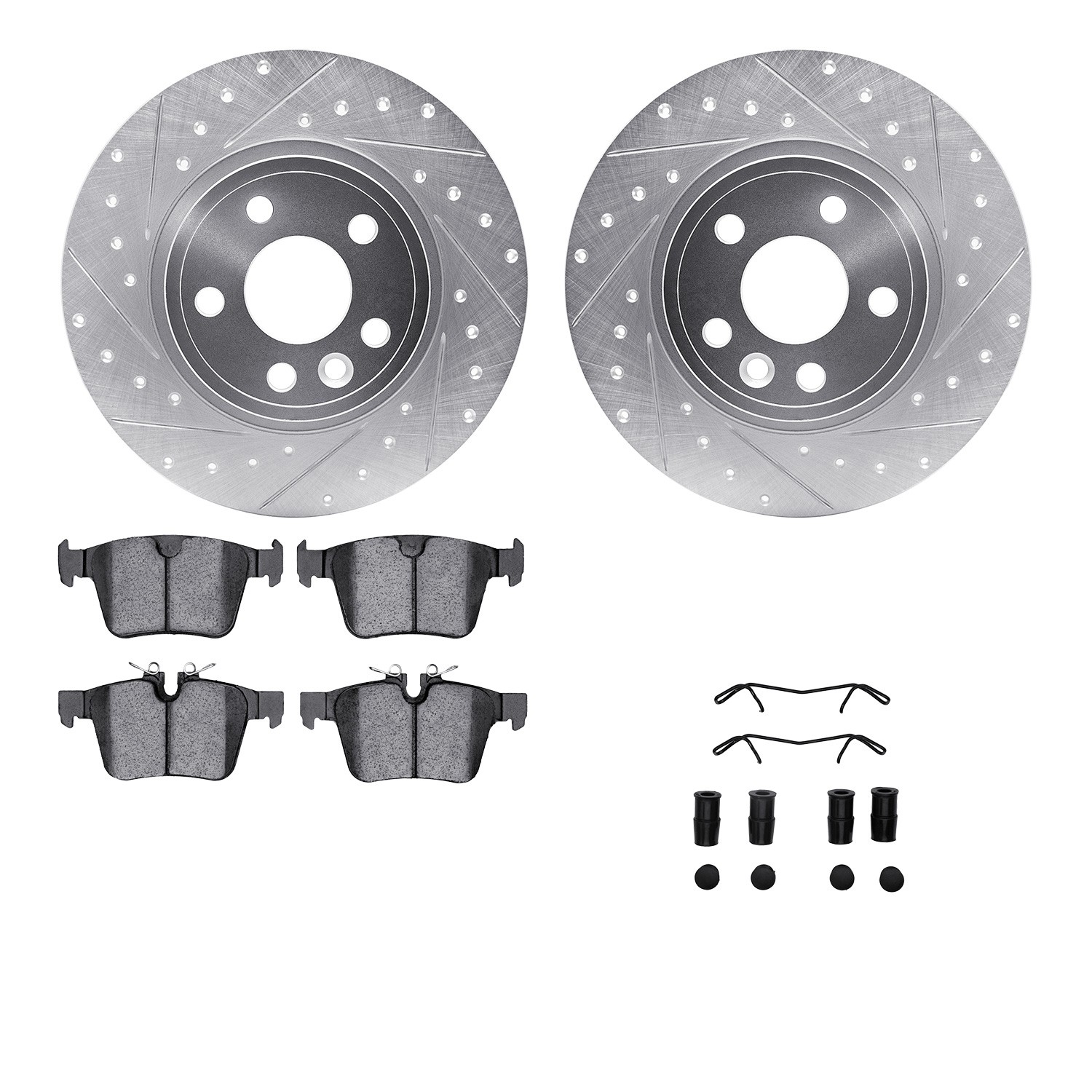DFC Rotors-Drilled & Slotted-Silver w/ EURO 5000 Ceramic Brake Pads Incl Hdw
